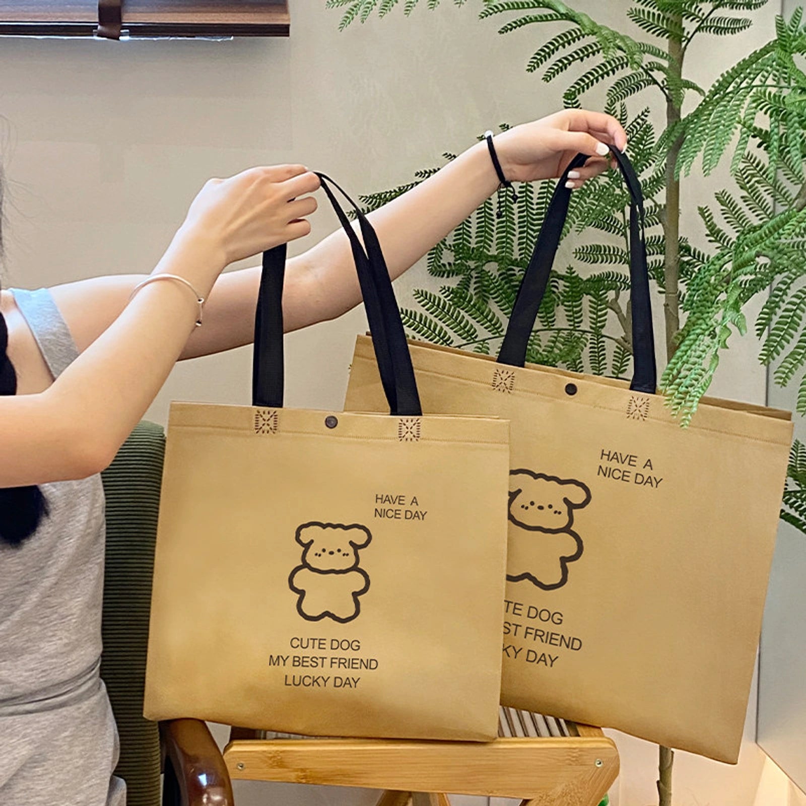 Boutique Non-Woven Tote Bags — 13 Styles — Brown Puppy Print Snap — Closure