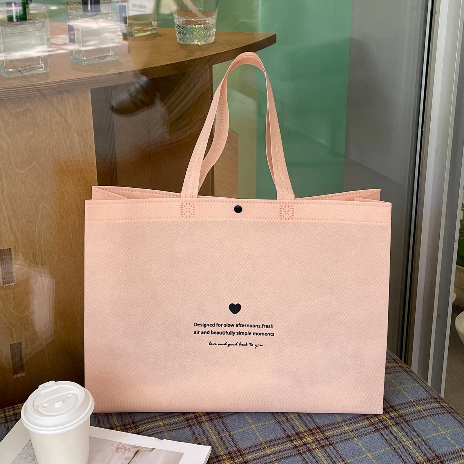 Boutique Non-Woven Tote Bags — 13 Styles — Light Pink English Print Tote