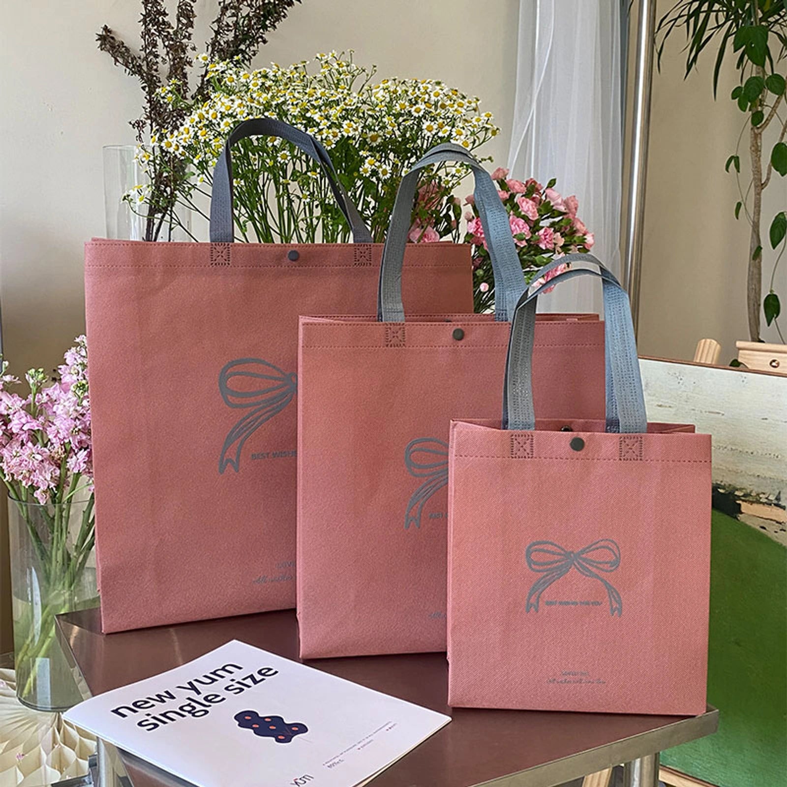 Boutique Non-Woven Tote Bags — 14 Styles — Bow Print Dusty Pink Tote