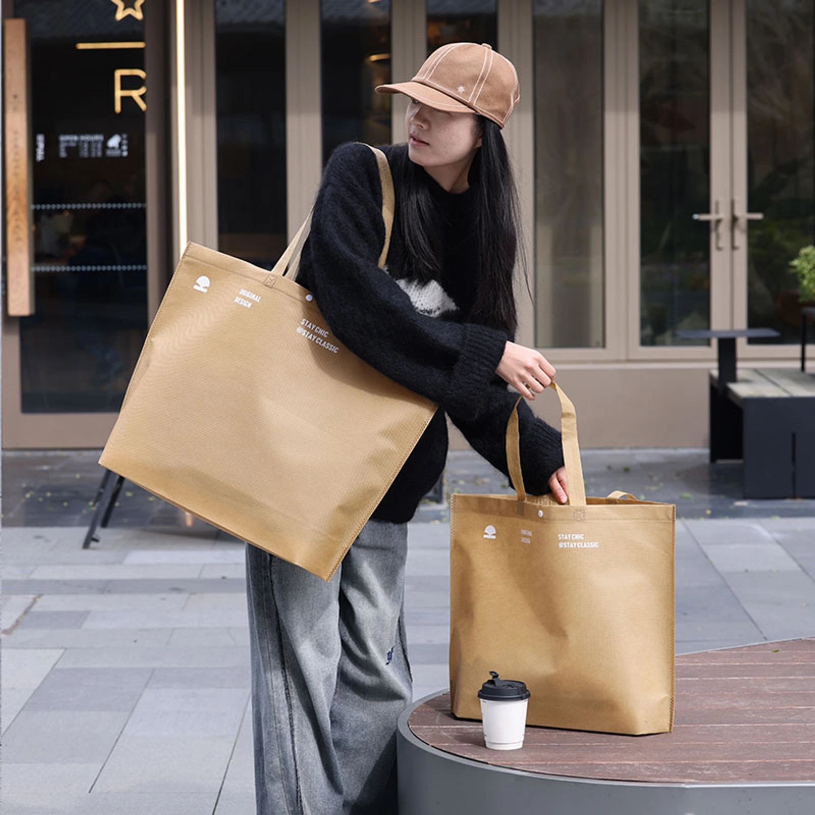 Boutique Non-Woven Tote Bags — 14 Styles — Large — Capacity — Khaki
