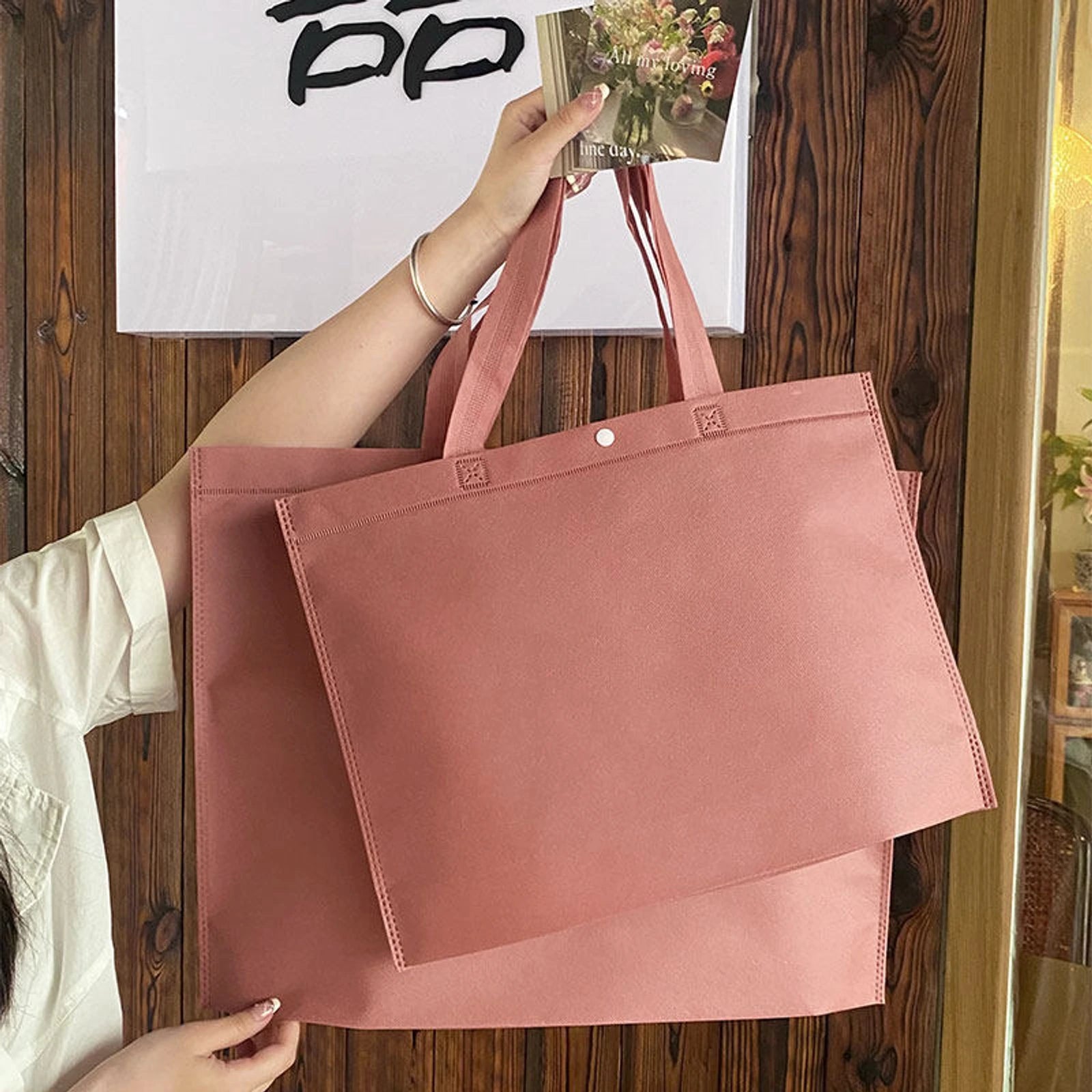 Boutique Non-Woven Tote Bags — 14 Styles — Plain Pink Shoulder Carry Gusseted Tote