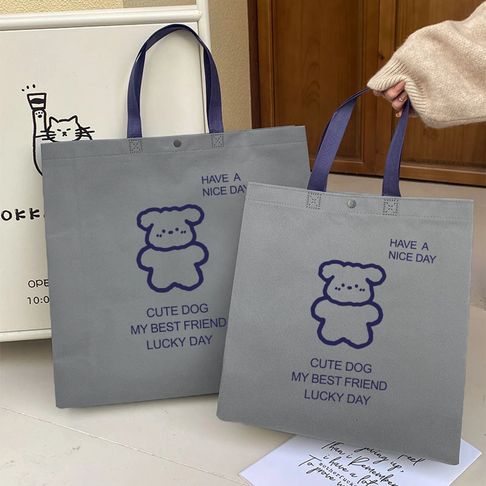 Boutique Non-Woven Tote Bags — 14 Styles — Puppy Bow Print Gray Tote