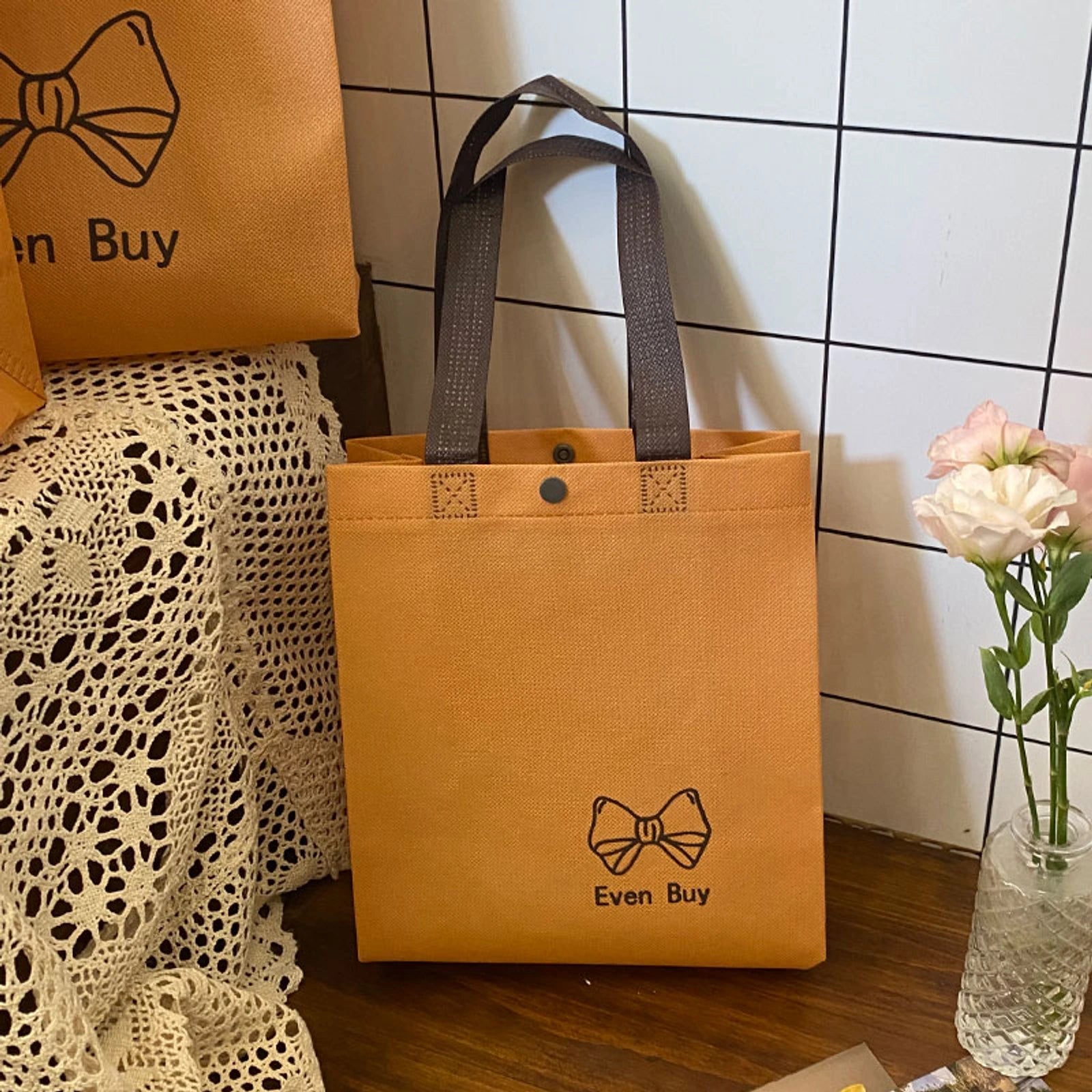 Boutique Non-Woven Tote Bags — 14 Styles — Small Bow Print Khaki Tote