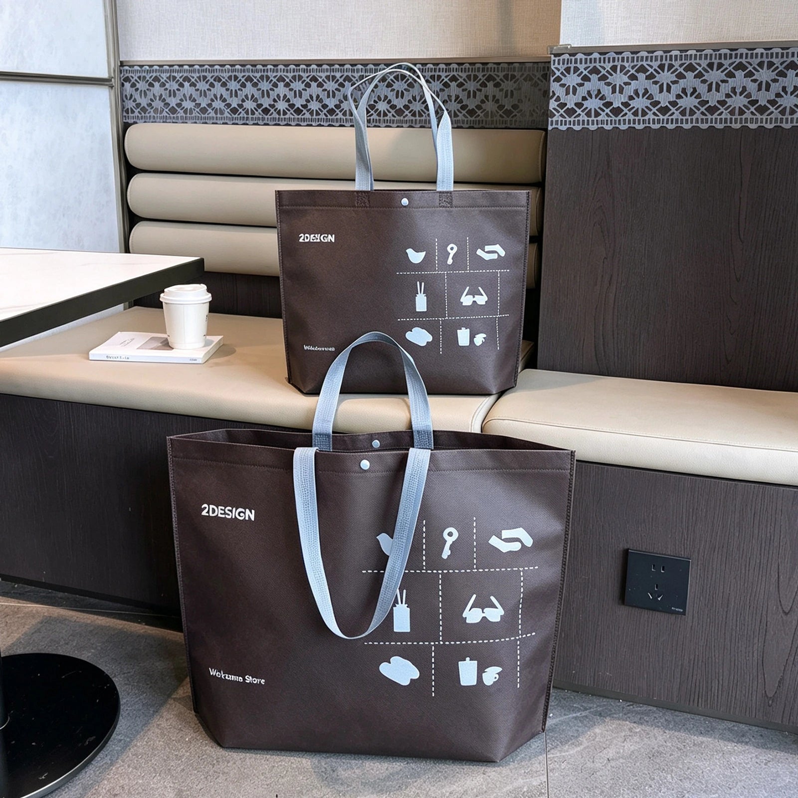 Boutique Non-Woven Tote Bags — 15 Styles — — Coffee Blue Handles