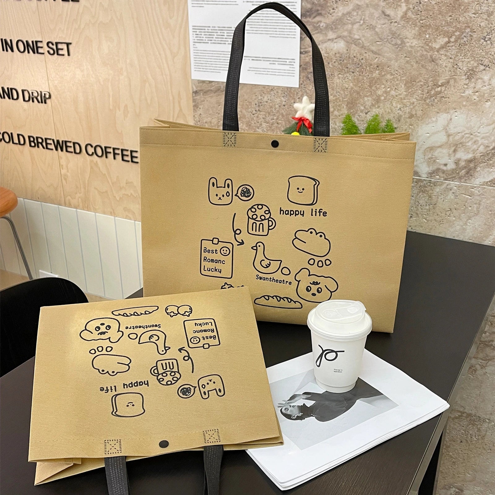 Boutique Non-Woven Tote Bags — 16 Styles — Bread Bear Print Brown Shoulder Carry