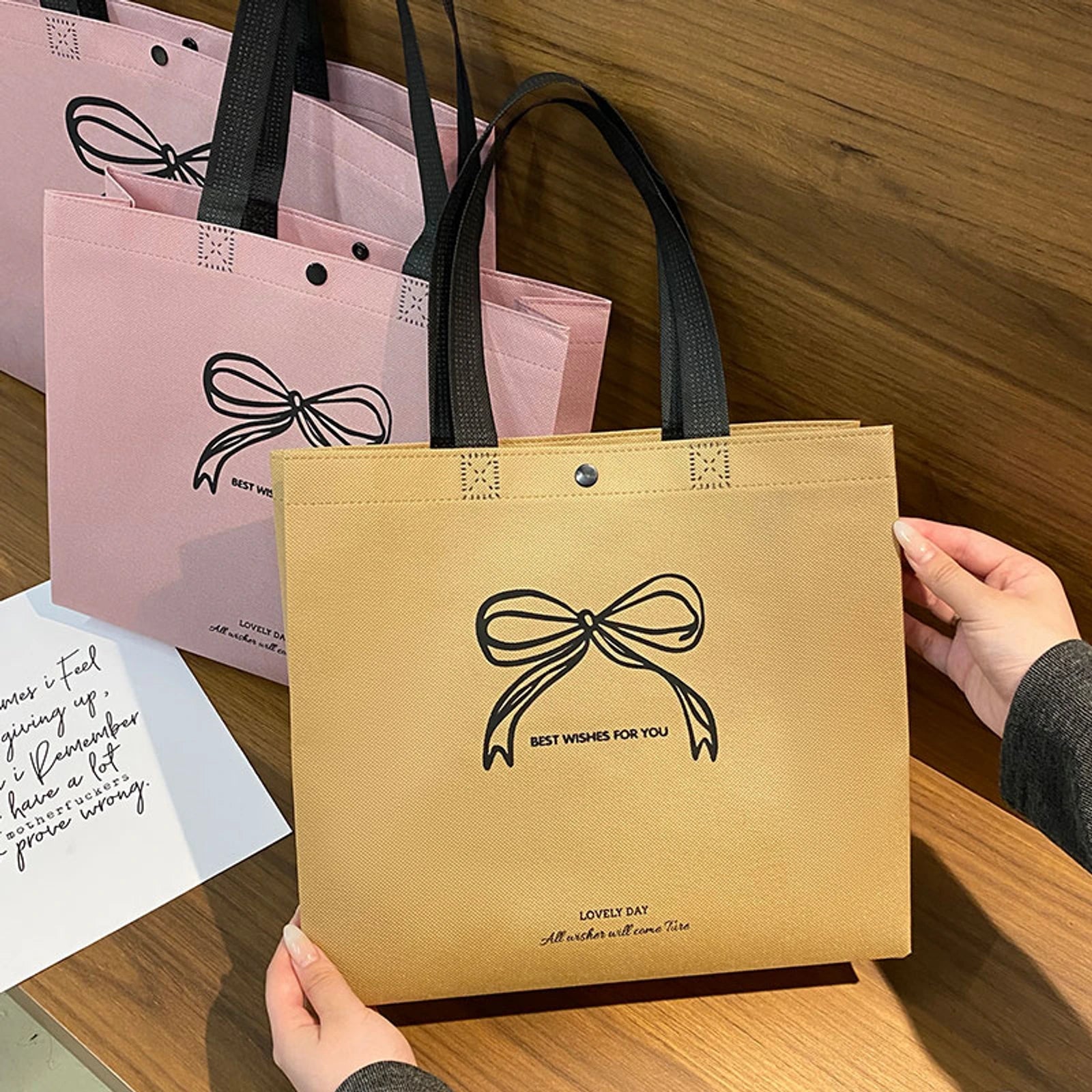 Boutique Non-Woven Tote Bags — 17 Styles — Brown Bow Print — Large