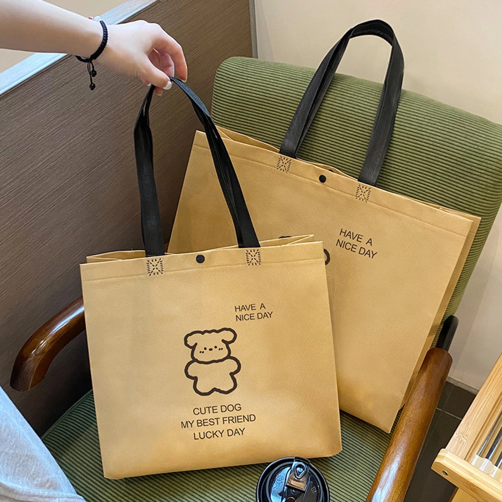 Boutique Non-Woven Tote Bags — 17 Styles — Brown Puppy Print Tote