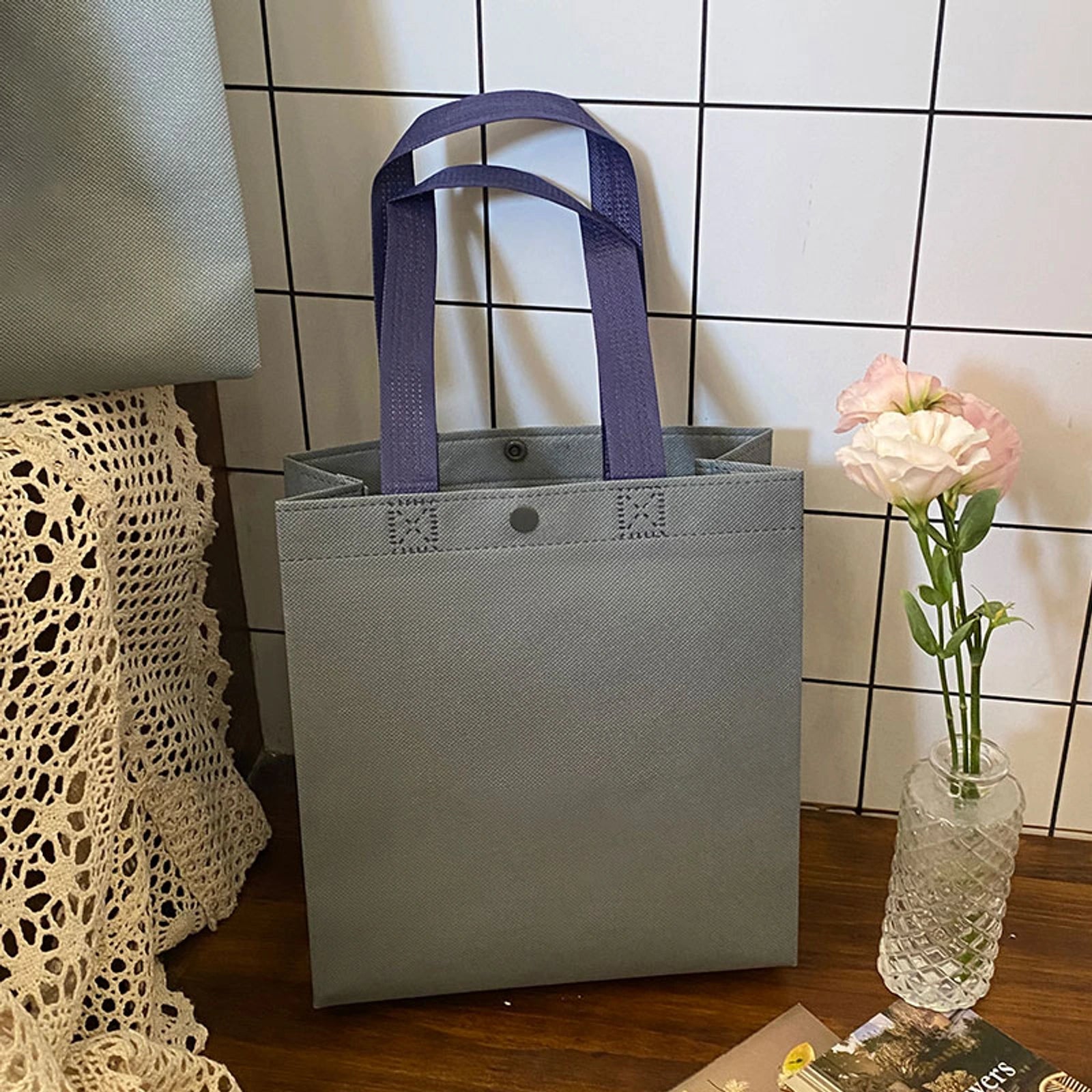 Boutique Non-Woven Tote Bags — 17 Styles — Gray Snap — Closure Plain Shoulder Carry