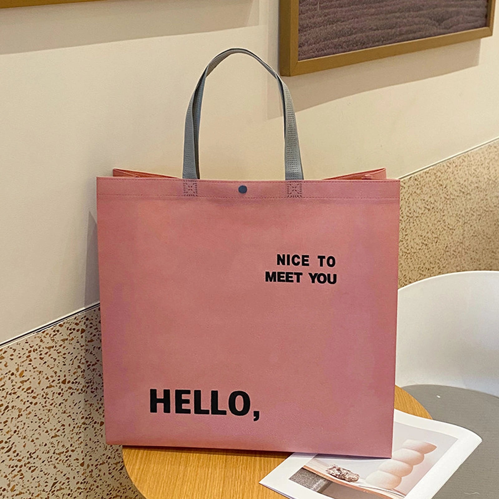 Boutique Non-Woven Tote Bags — 17 Styles — Hello Pink Snap — Closure Shoulder Carry