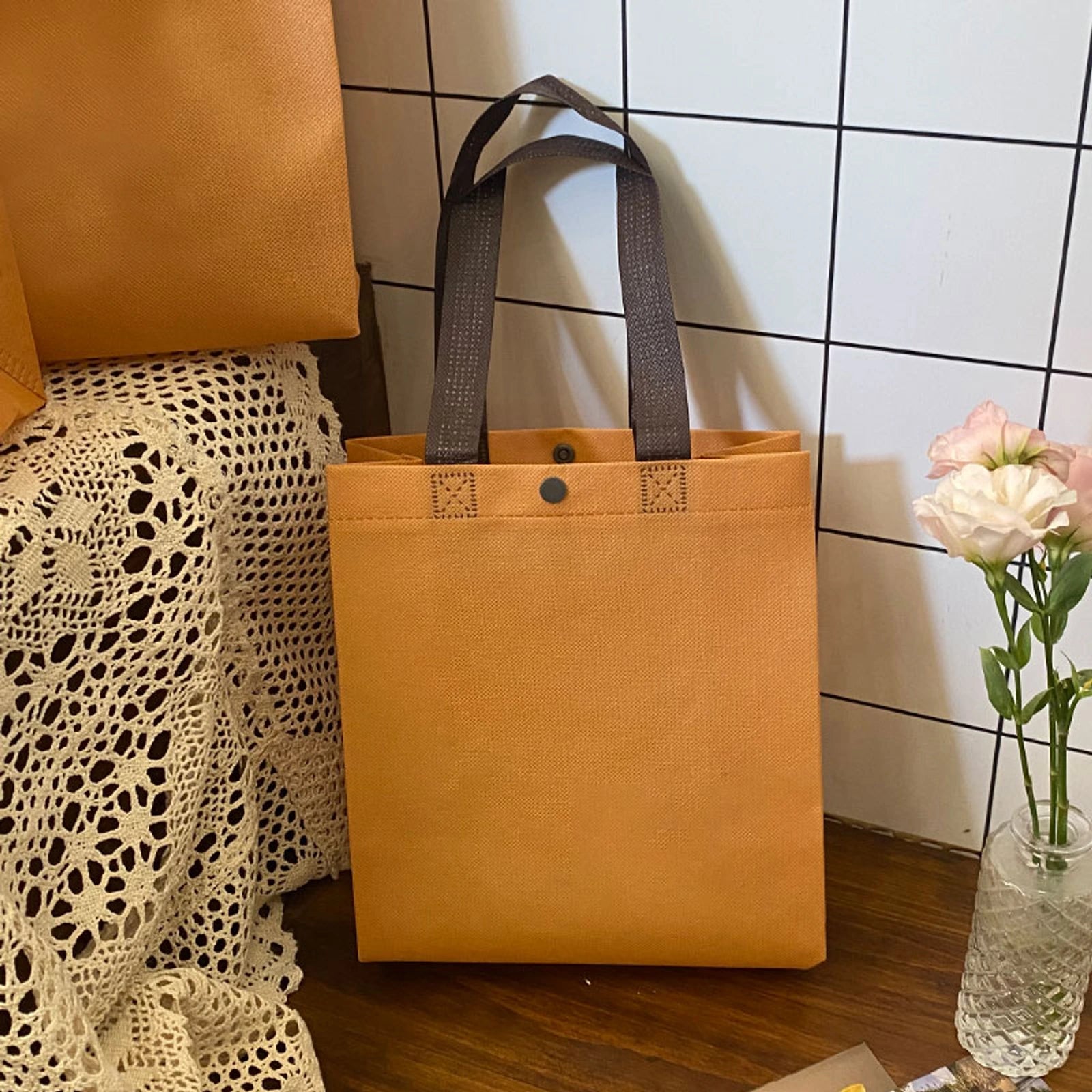 Boutique Non-Woven Tote Bags — 17 Styles — Khaki Snap — Closure Plain Shoulder Carry