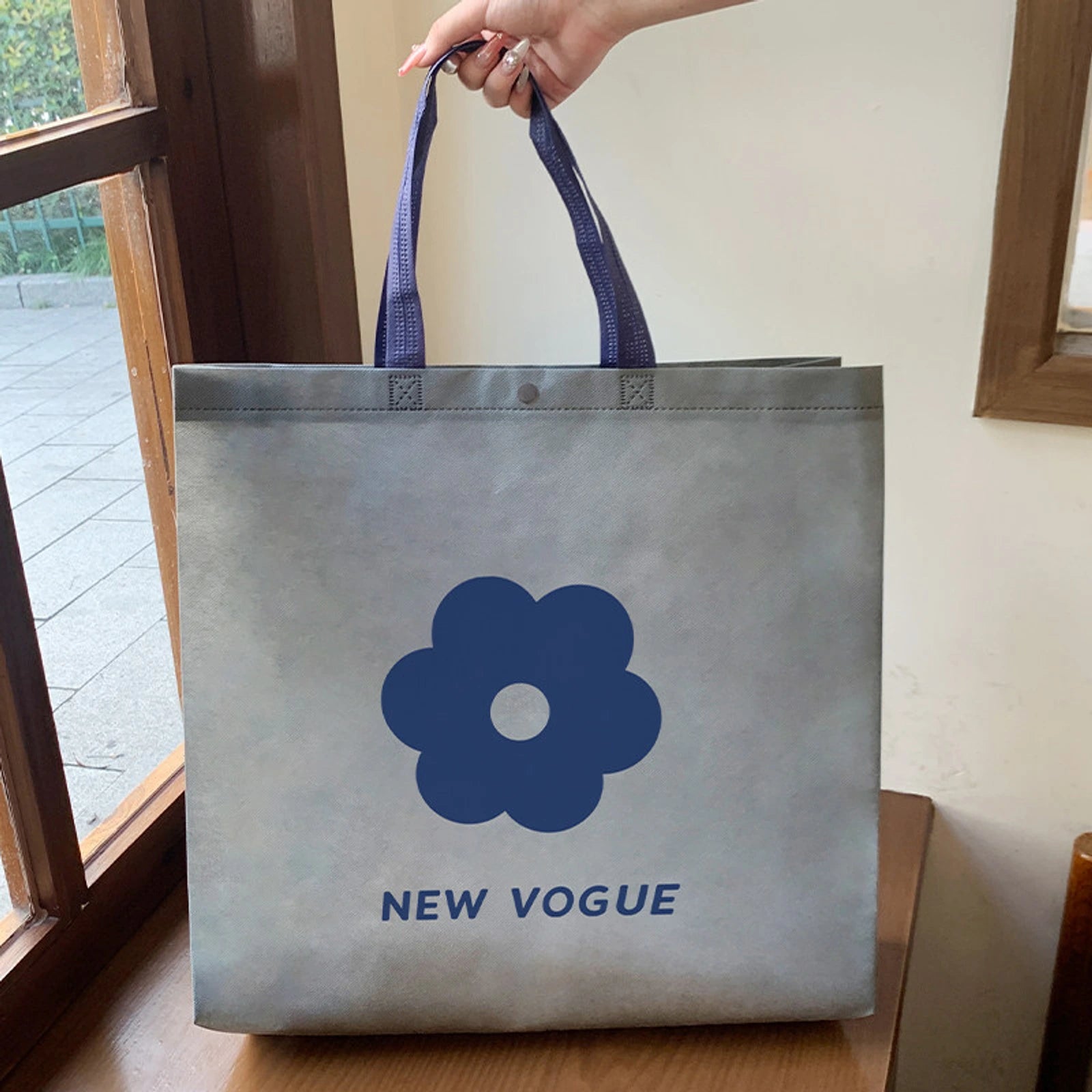 Boutique Non-Woven Tote Bags — 17 Styles — NEWSmall Floral Print Gray Snap — Closure Shoulder Carry