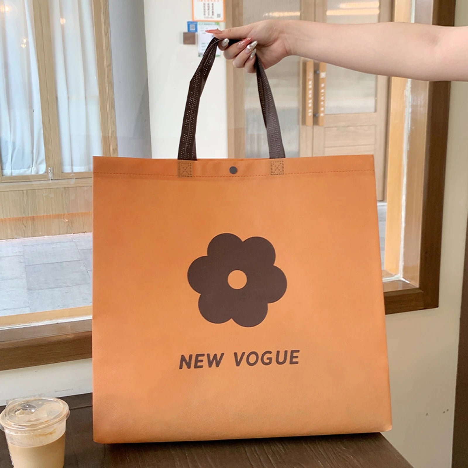 Boutique Non-Woven Tote Bags — 17 Styles — NEWSmall Floral Print Khaki Snap — Closure Shoulder Carry