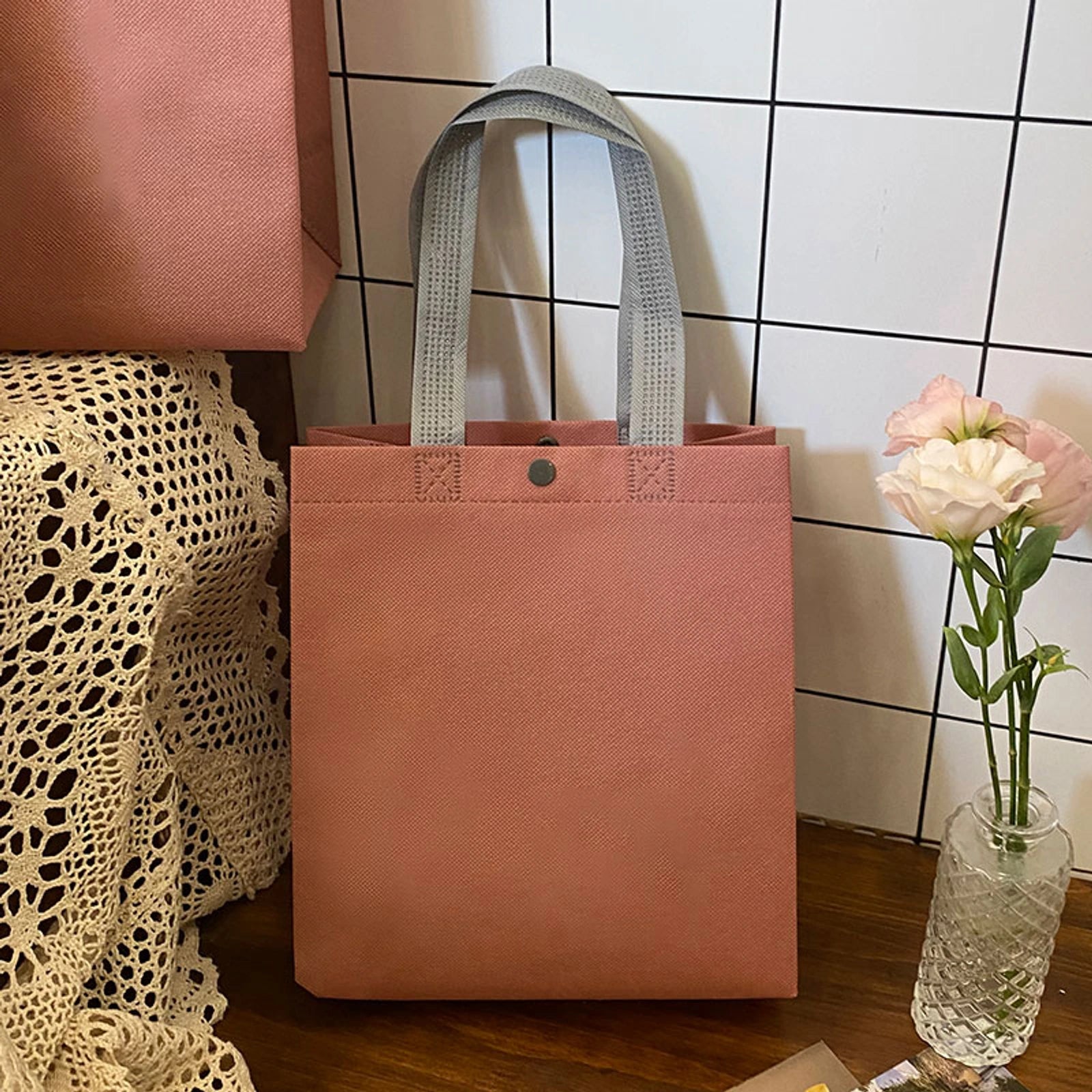 Boutique Non-Woven Tote Bags — 17 Styles — Pink Snap — Closure Plain Shoulder Carry