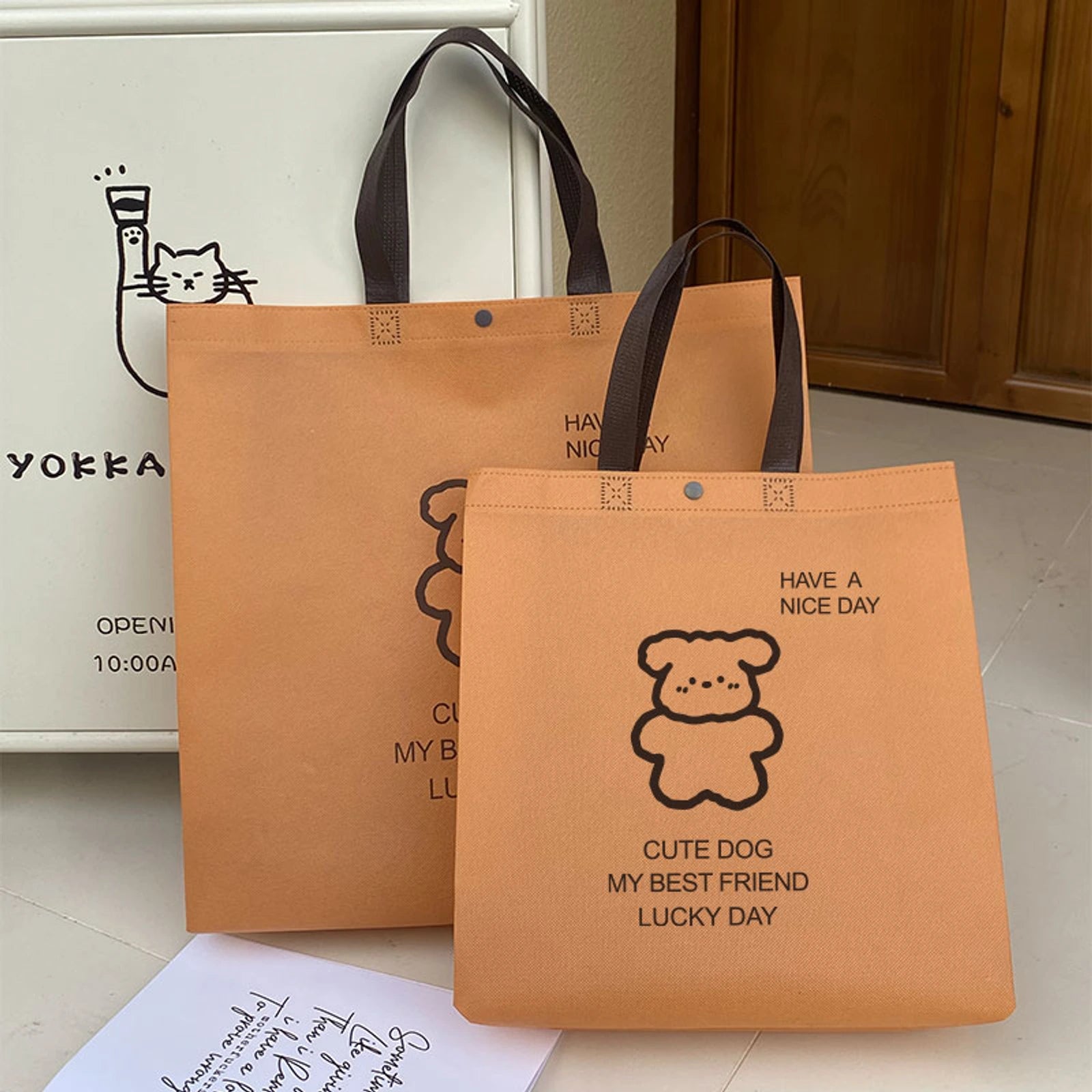 Boutique Non-Woven Tote Bags — 17 Styles — Puppy Print Khaki Snap — Closure Shoulder Carry