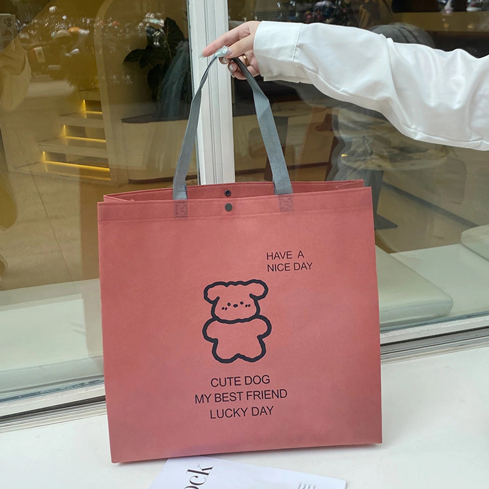 Boutique Non-Woven Tote Bags — 17 Styles — Puppy Print Pink Snap — Closure Shoulder Carry