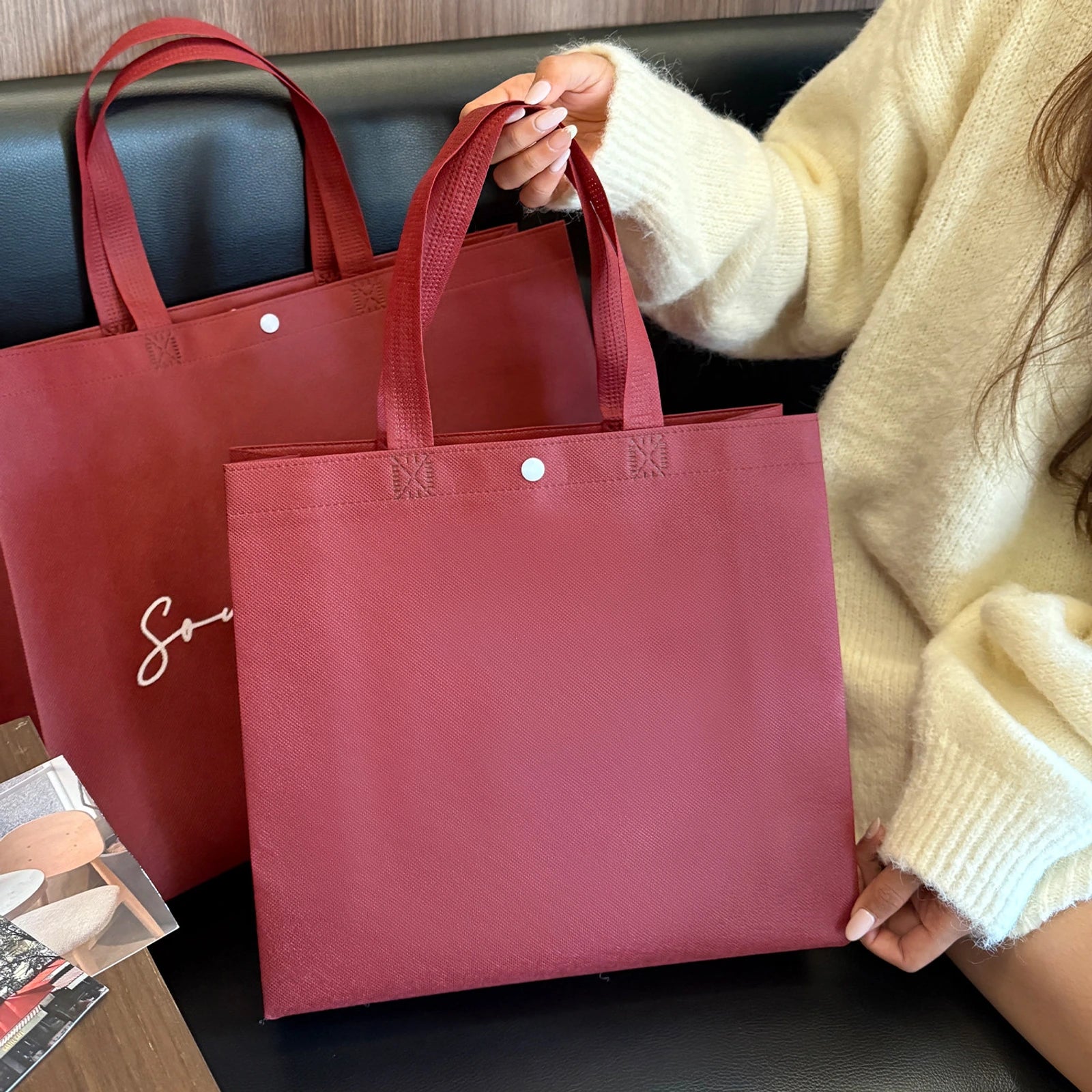 Boutique Non-Woven Tote Bags — 19 Styles — Ancora Red Snap — Closure Plain