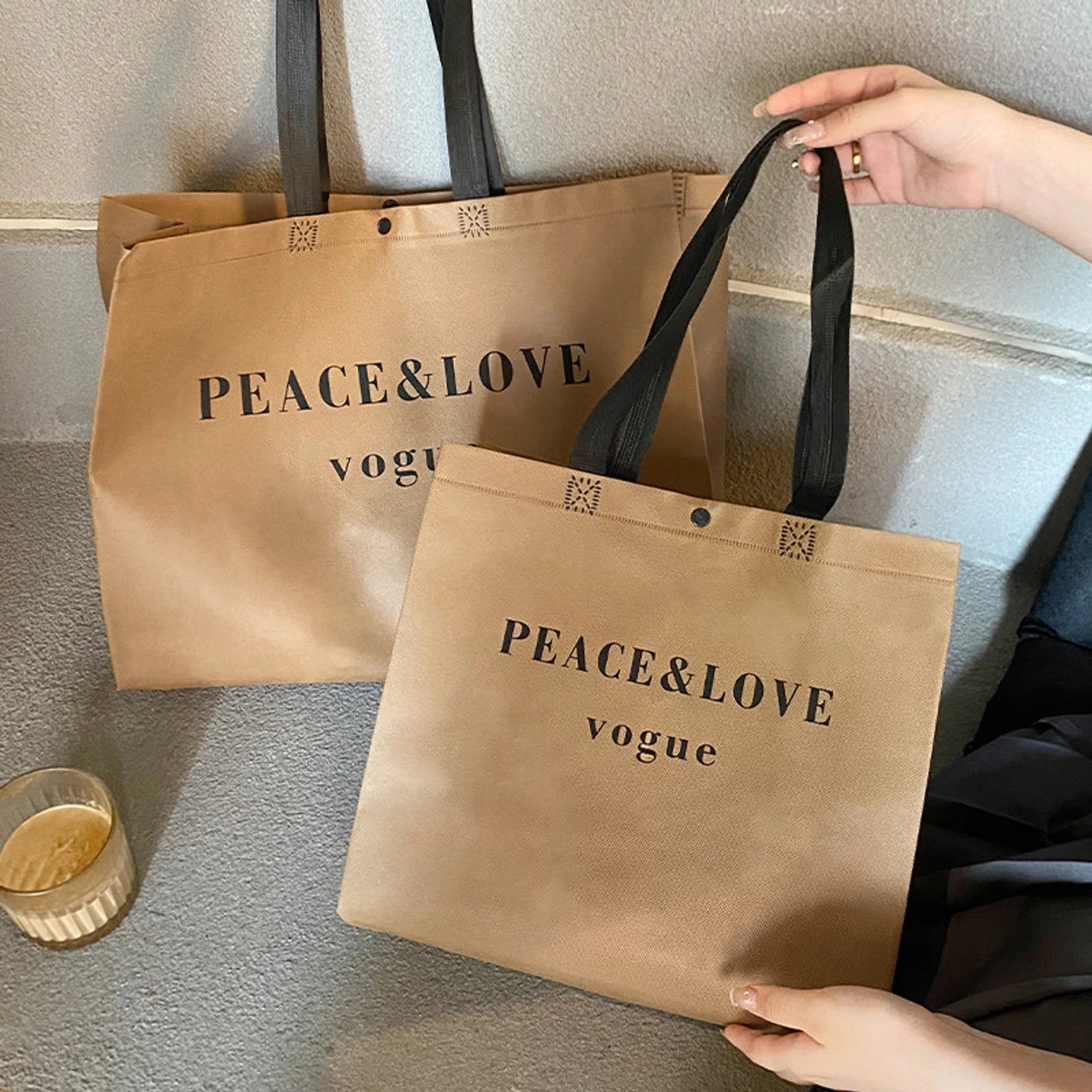 Boutique Non-Woven Tote Bags — 19 Styles — Brown PEACE&LOVESnap — Closure