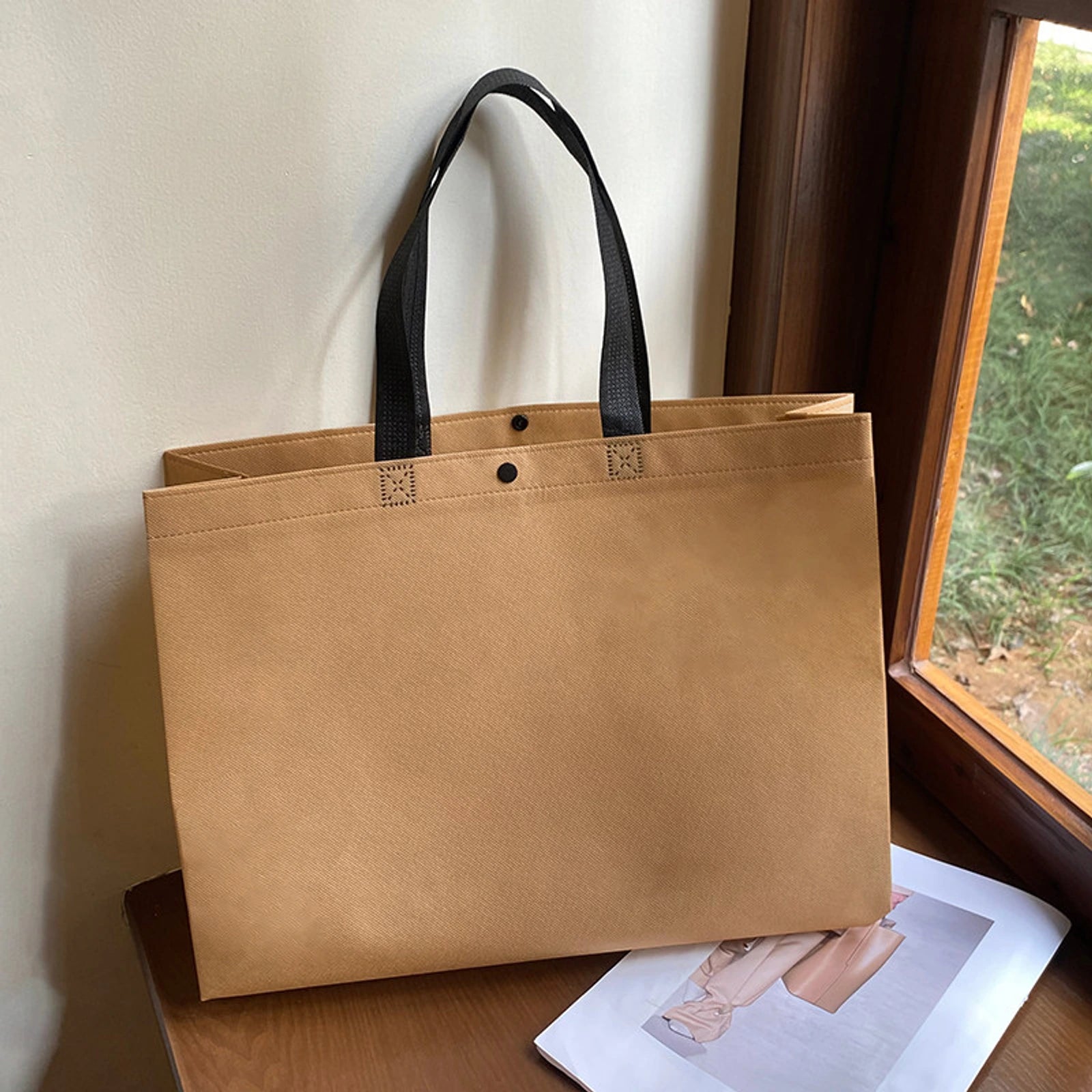 Boutique Non-Woven Tote Bags — 19 Styles — Brown Snap — Closure Plain