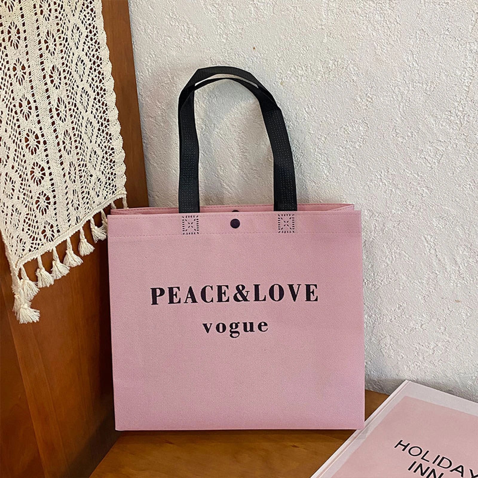 Boutique Non-Woven Tote Bags — 19 Styles — Light Purple PEACE&LOVESnap — Closure