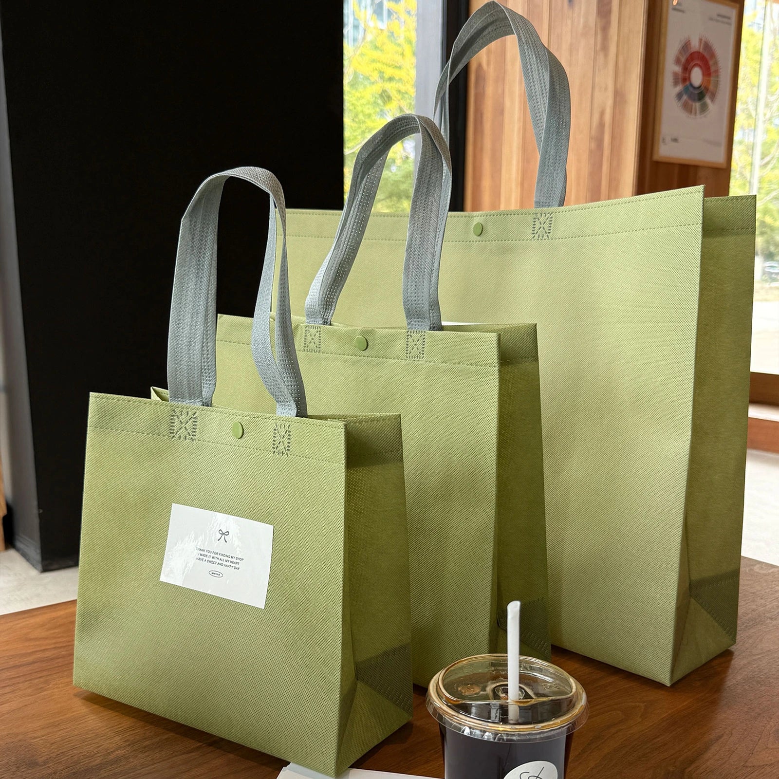 Boutique Non-Woven Tote Bags — 19 Styles — Matcha Green Snap — Closure Plain