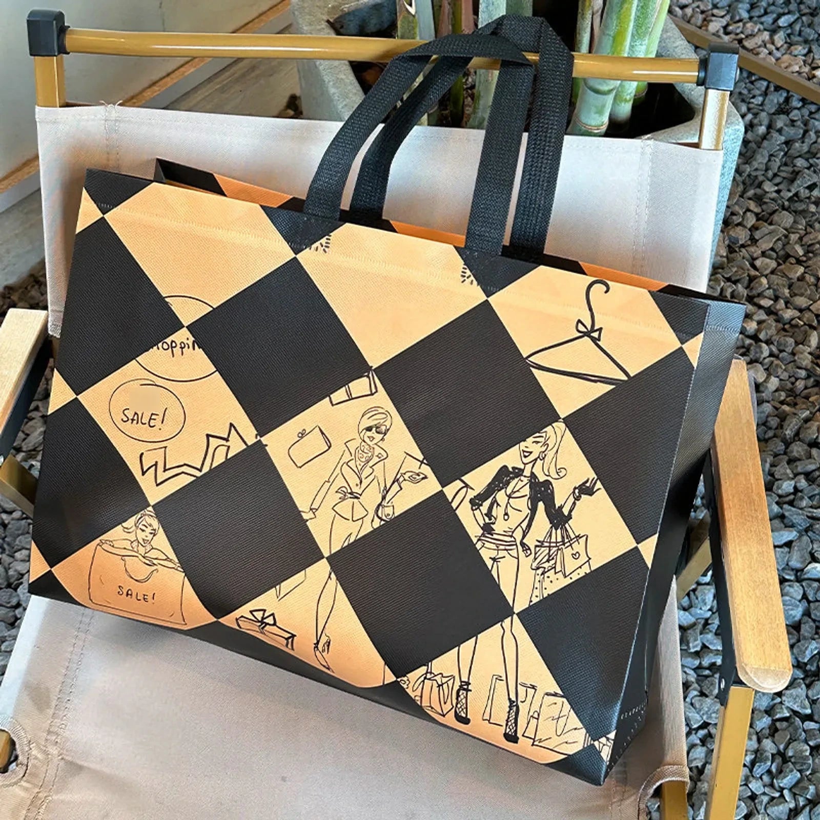 Boutique Non-Woven Tote Bags — 2 Styles — Black Check — Dancing Woman Print
