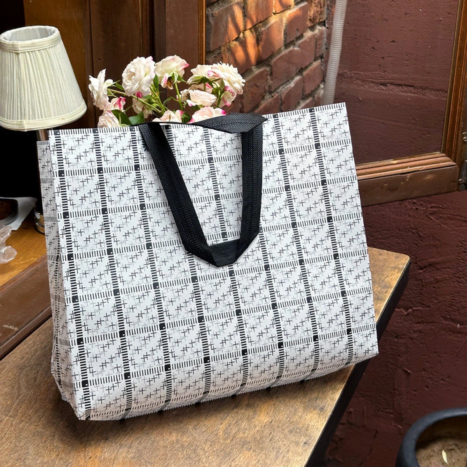 Boutique Non-Woven Tote Bags — 2 Styles — Black Check