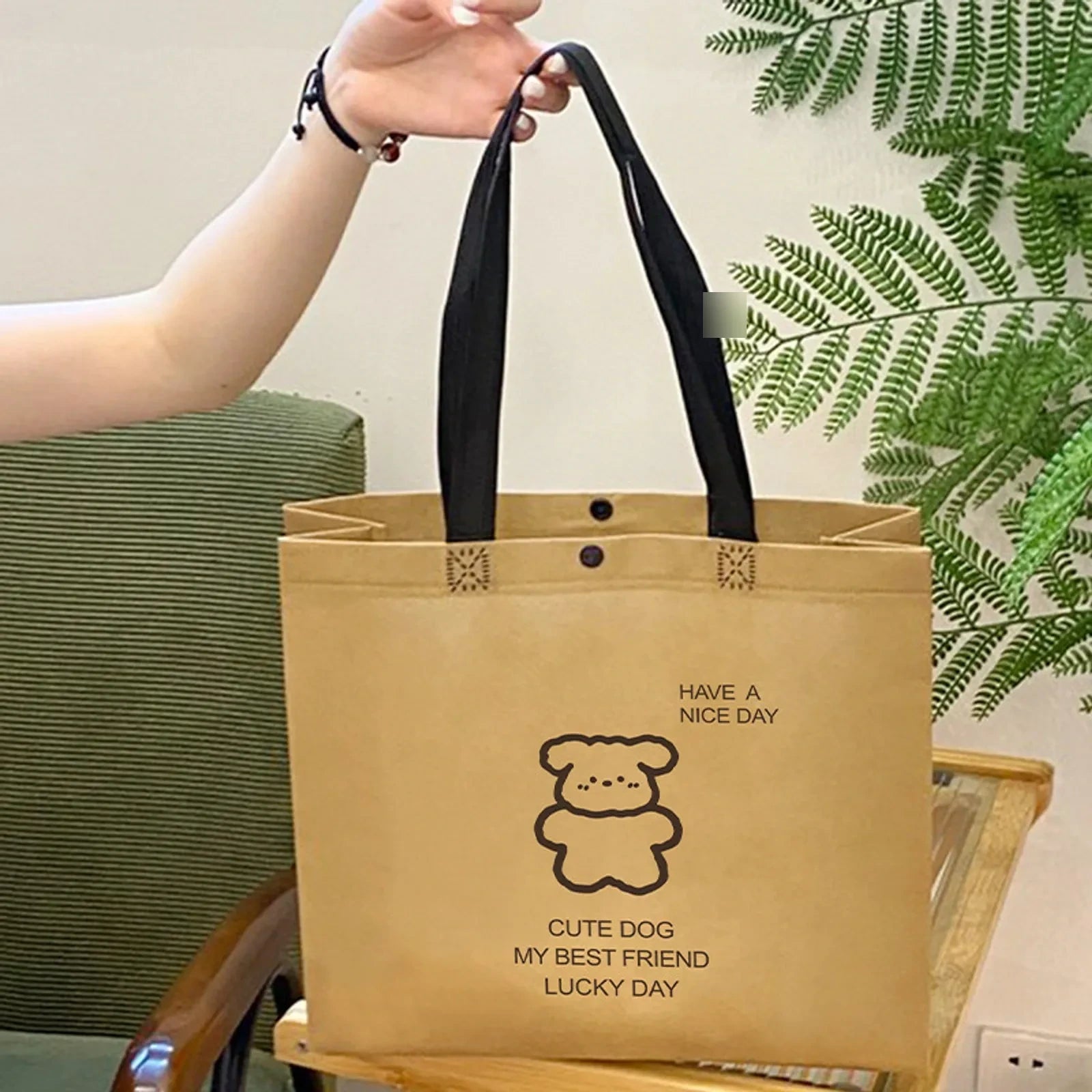 Boutique Non-Woven Tote Bags — 2 Styles — Brown Snap — Closure Puppy Print