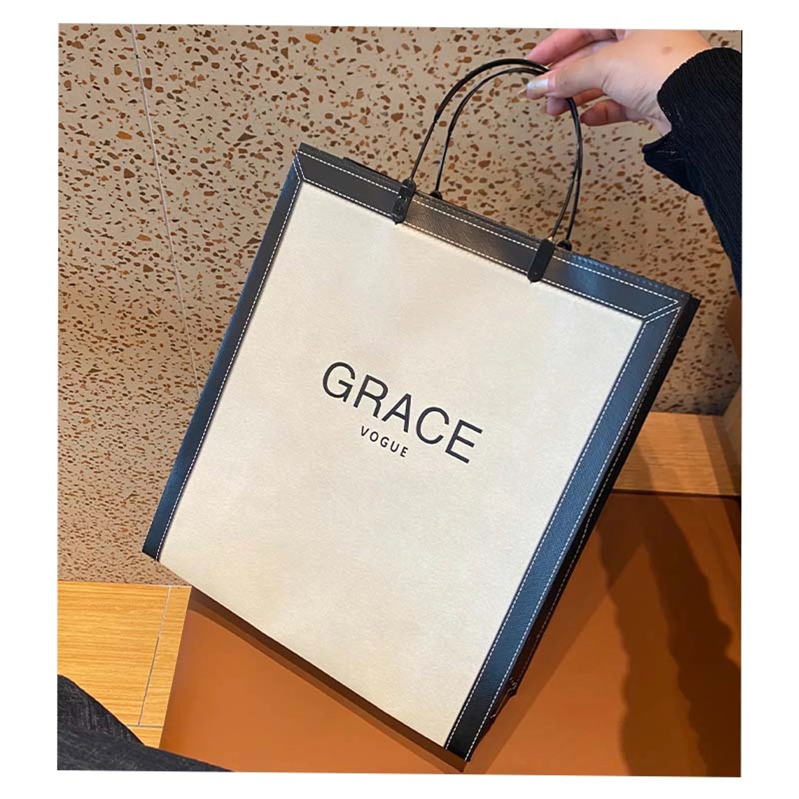 Boutique Non-Woven Tote Bags — 2 Styles — GRACEBeige Base Black Border
