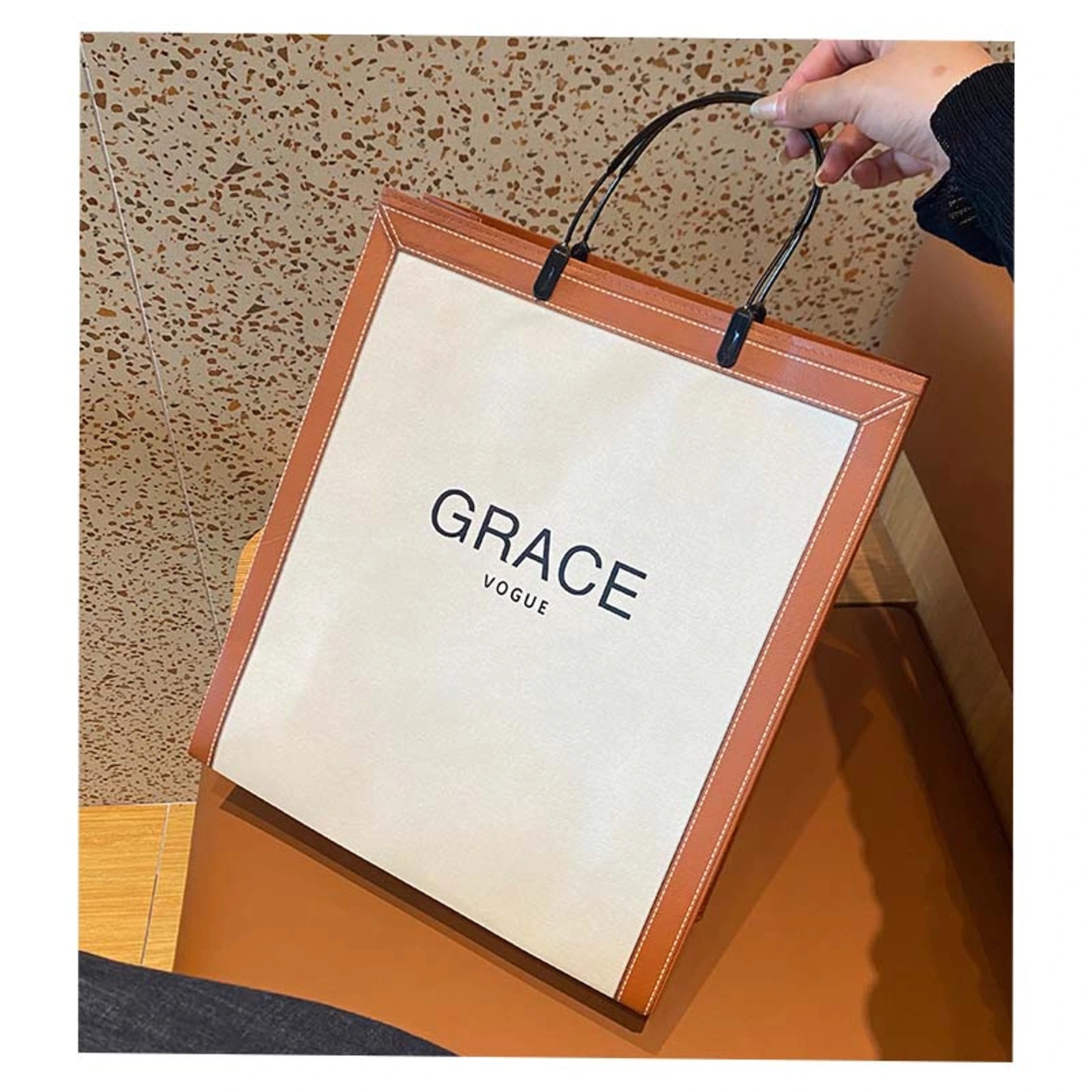Boutique Non-Woven Tote Bags — 2 Styles — GRACEBeige Base Coffee Brown Border