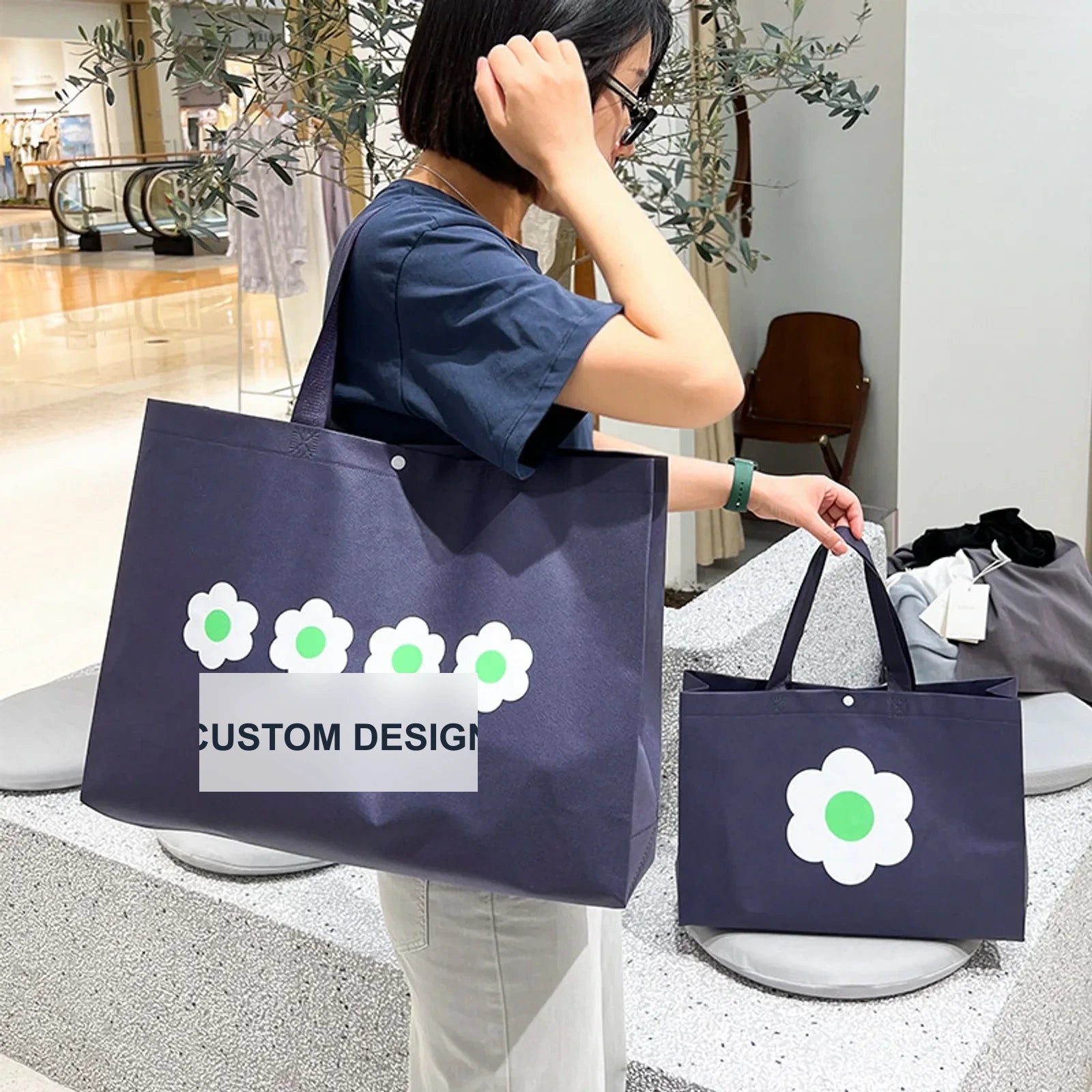 Boutique Non-Woven Tote Bags — 2 Styles — Heavy — Duty — Navy