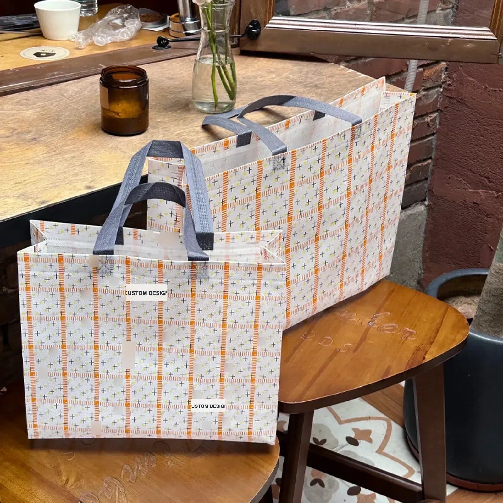 Boutique Non-Woven Tote Bags — 2 Styles — Orange Check