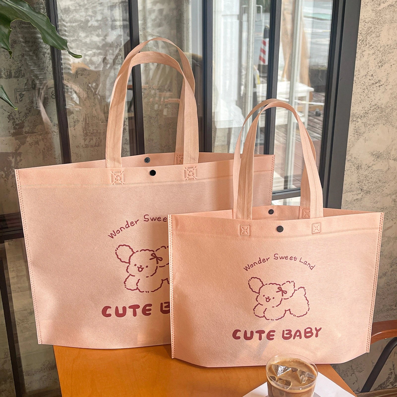 Boutique Non-Woven Tote Bags — 20 Styles — Knitted Puppy Print Light Pink Shoulder Carry Gusseted Tote