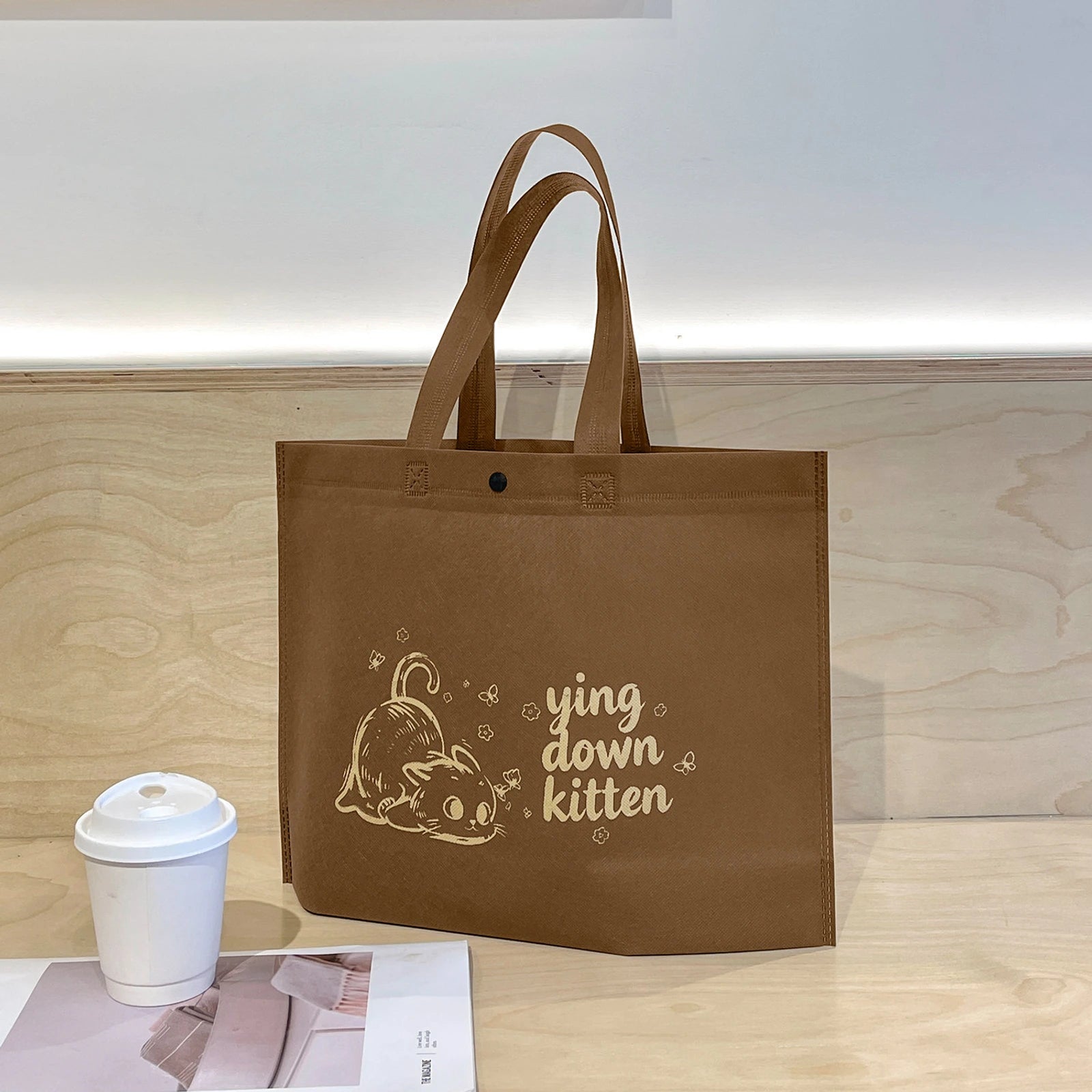 Boutique Non-Woven Tote Bags — 22 Styles — Cat Print Brown Shoulder Carry Gusseted Tote