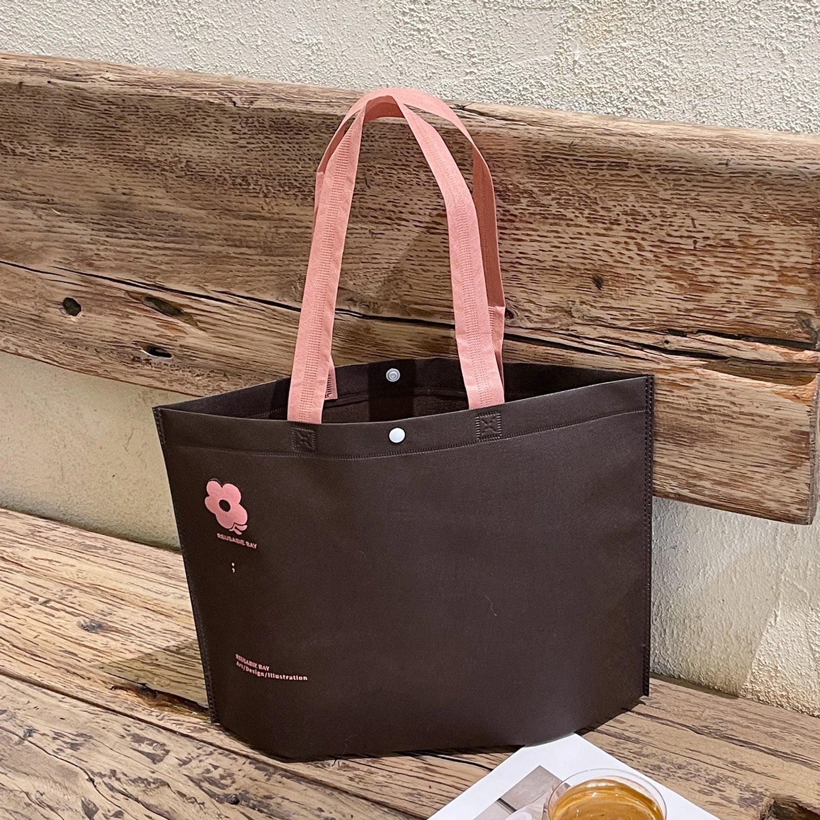 Boutique Non-Woven Tote Bags — 22 Styles — Floral Print Coffee Brown Shoulder Carry Gusseted Tote