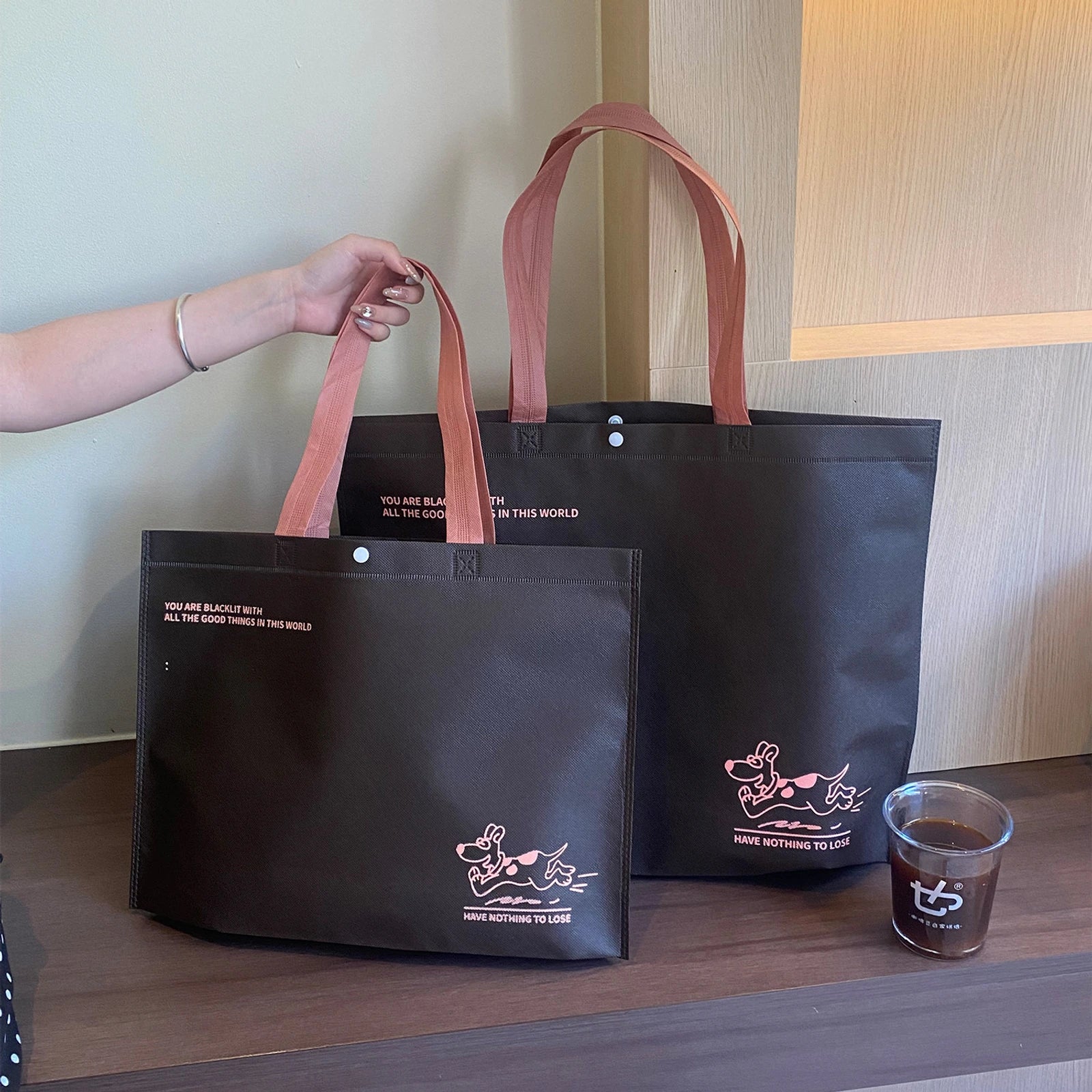 Boutique Non-Woven Tote Bags — 22 Styles — Puppy Print Coffee Brown Shoulder Carry Gusseted Tote