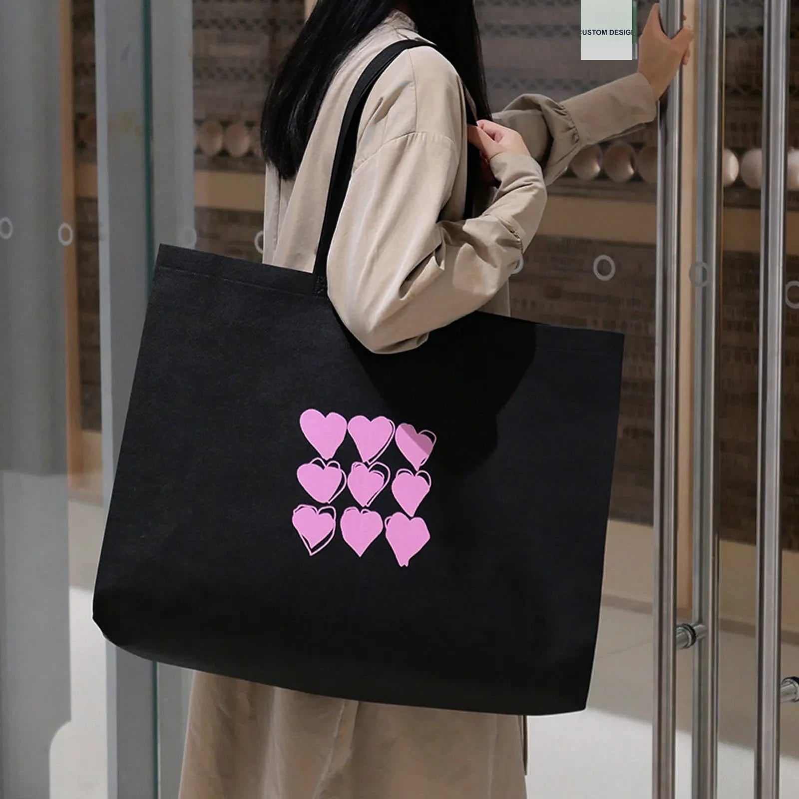 Boutique Non-Woven Tote Bags — 3 Styles — Gusseted — Black & Pink Heart Print