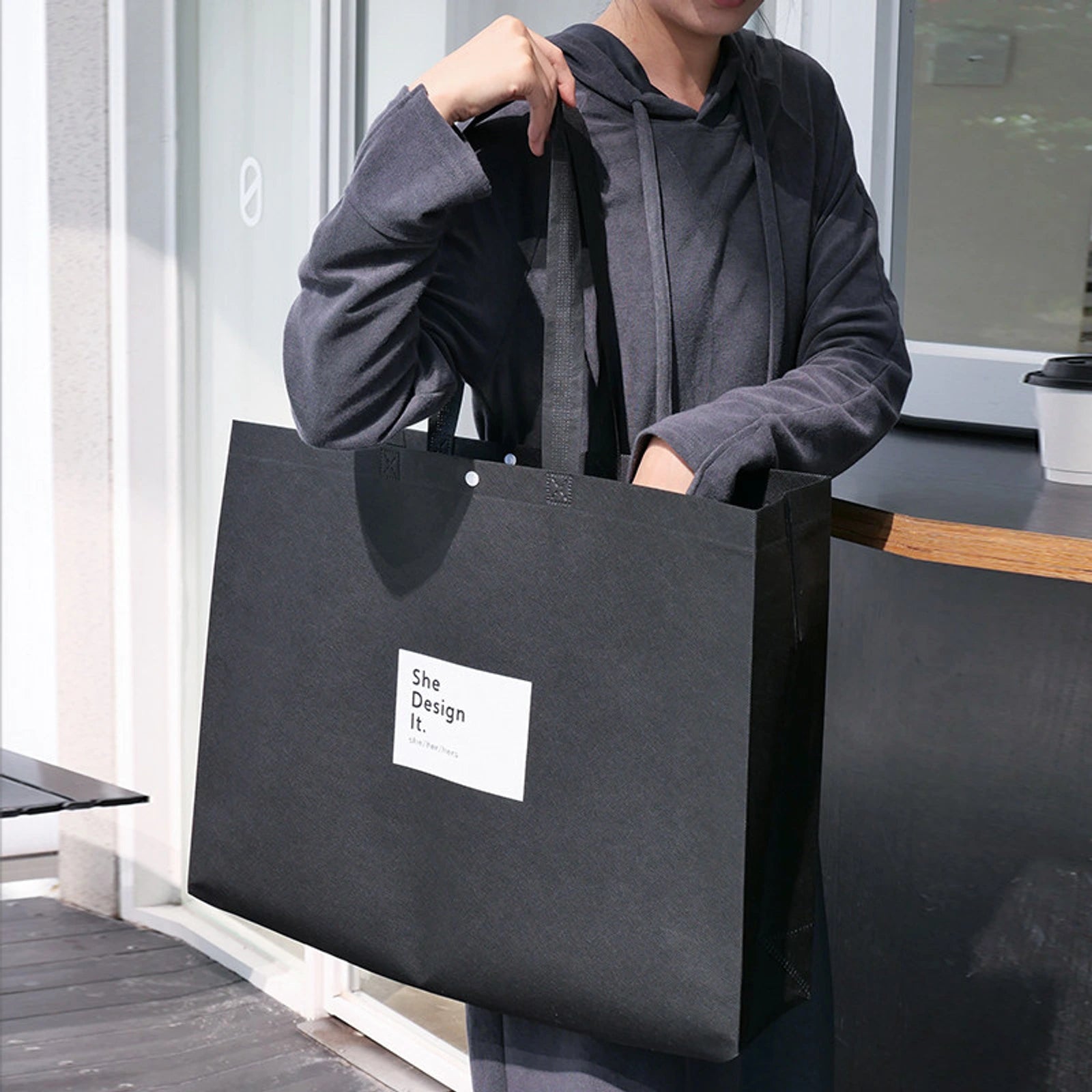 Boutique Non-Woven Tote Bags — 3 Styles — Gusseted — Black with White Block