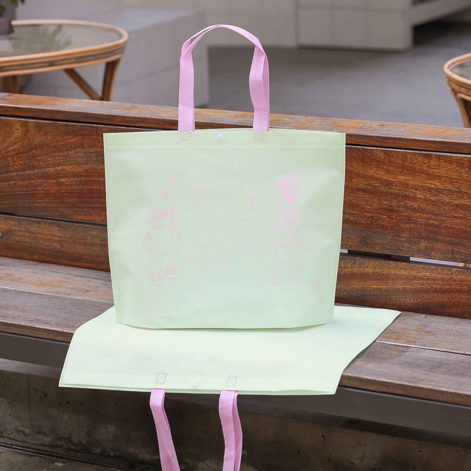 Boutique Non-Woven Tote Bags — 3 Styles — Large — Capacity — Cloud Green with Pink Print