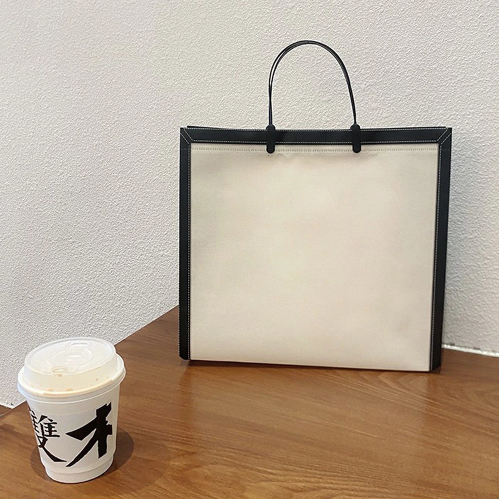 Boutique Non-Woven Tote Bags — 4 Styles — Beige BaseBlack TrimHorizontalPlain