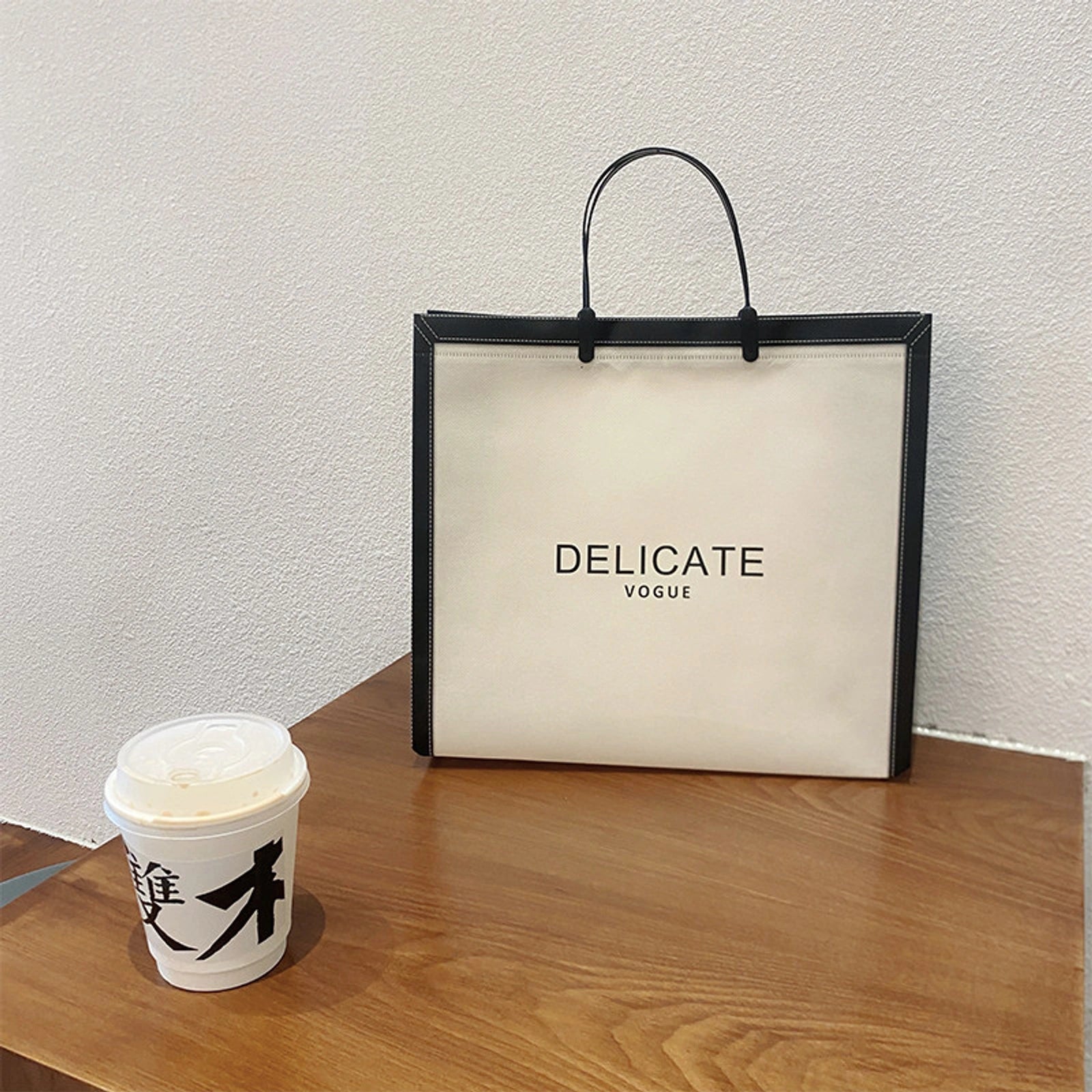 Boutique Non-Woven Tote Bags — 4 Styles — Beige BaseBlack TrimHorizontalPrinted