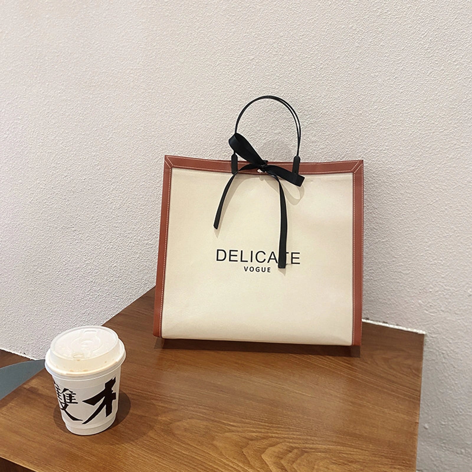 Boutique Non-Woven Tote Bags — 4 Styles — Beige BaseCoffee TrimHorizontalPrinted