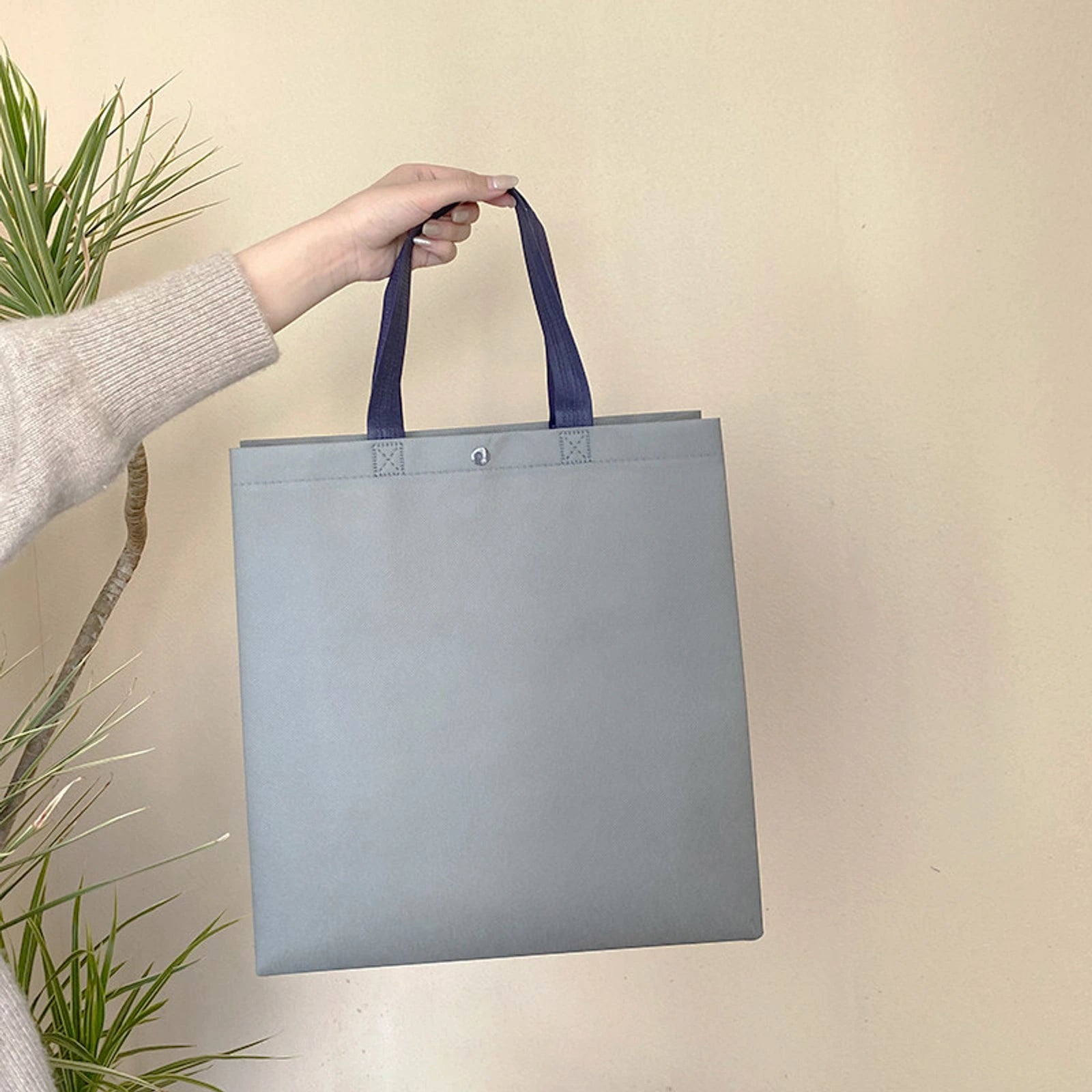 Boutique Non-Woven Tote Bags — 4 Styles — Gray Snap — Closure Plain Shoulder Carry