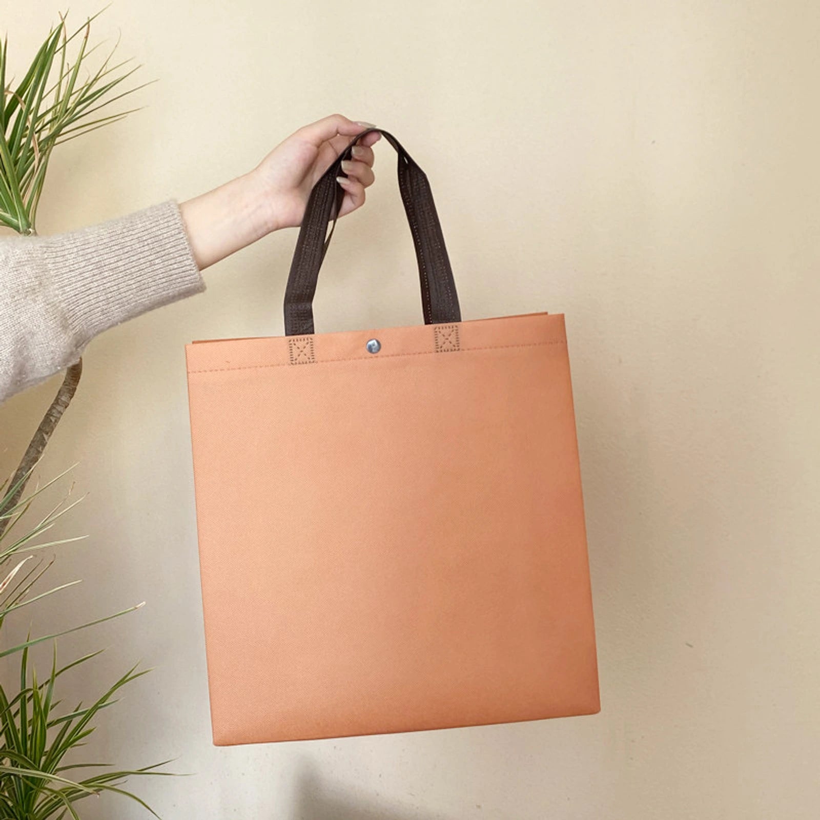 Boutique Non-Woven Tote Bags — 4 Styles — Khaki Snap — Closure Plain Shoulder Carry