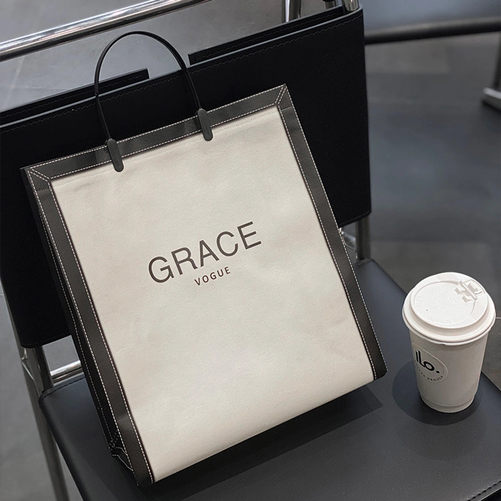 Boutique Non-Woven Tote Bags — 4 Styles — Vertical Beige with Black Trim — GRACE Print