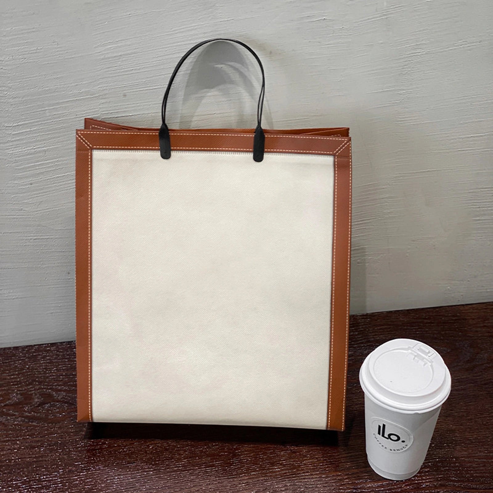 Boutique Non-Woven Tote Bags — 4 Styles — VerticalBeige BaseCoffee TrimPlain