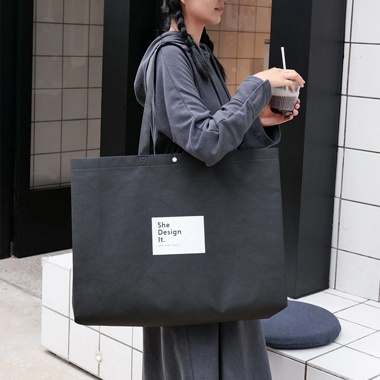 Boutique Non-Woven Tote Bags — 5 Styles — Black with White Block