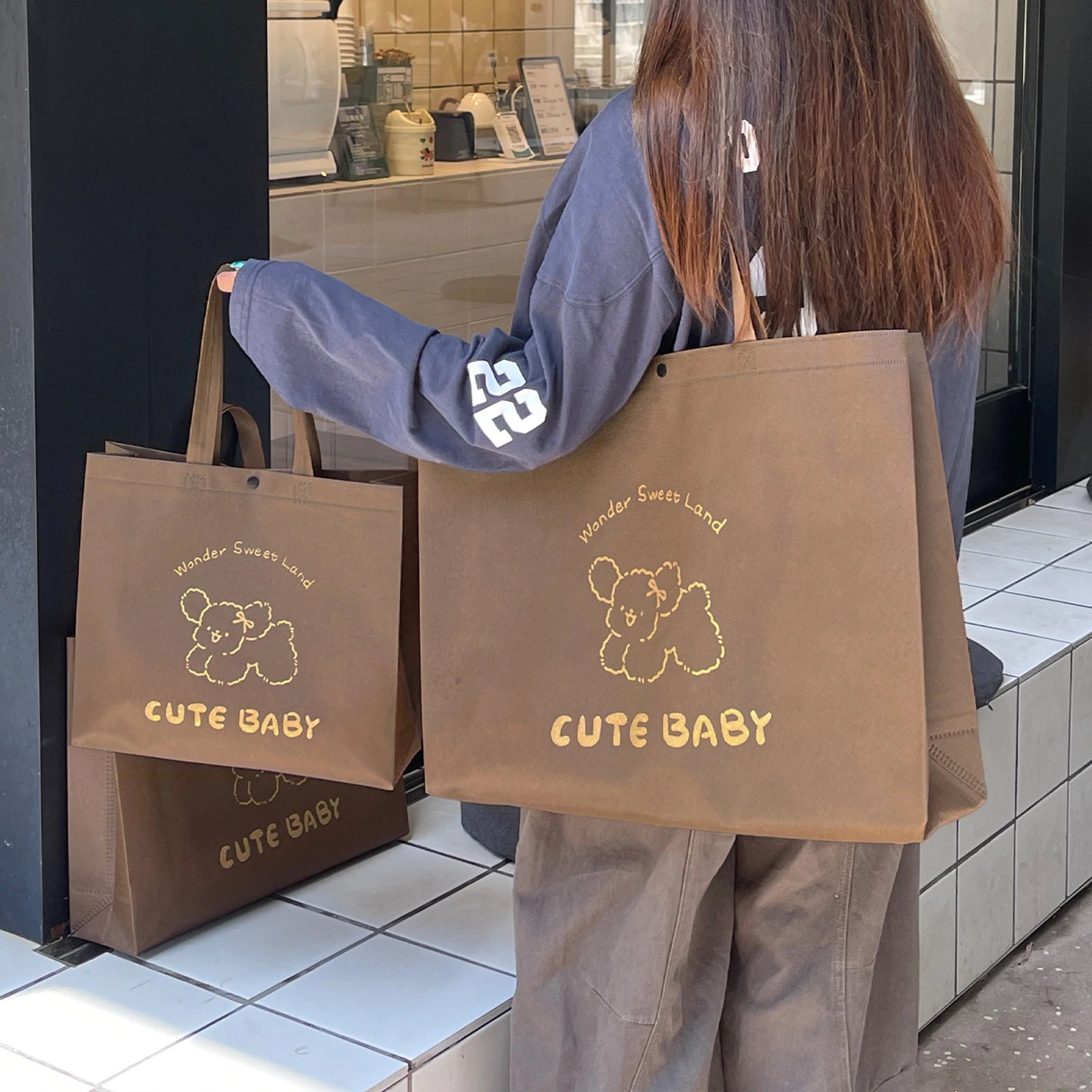 Boutique Non-Woven Tote Bags — 5 Styles — Brown Knitted Puppy Print Tote
