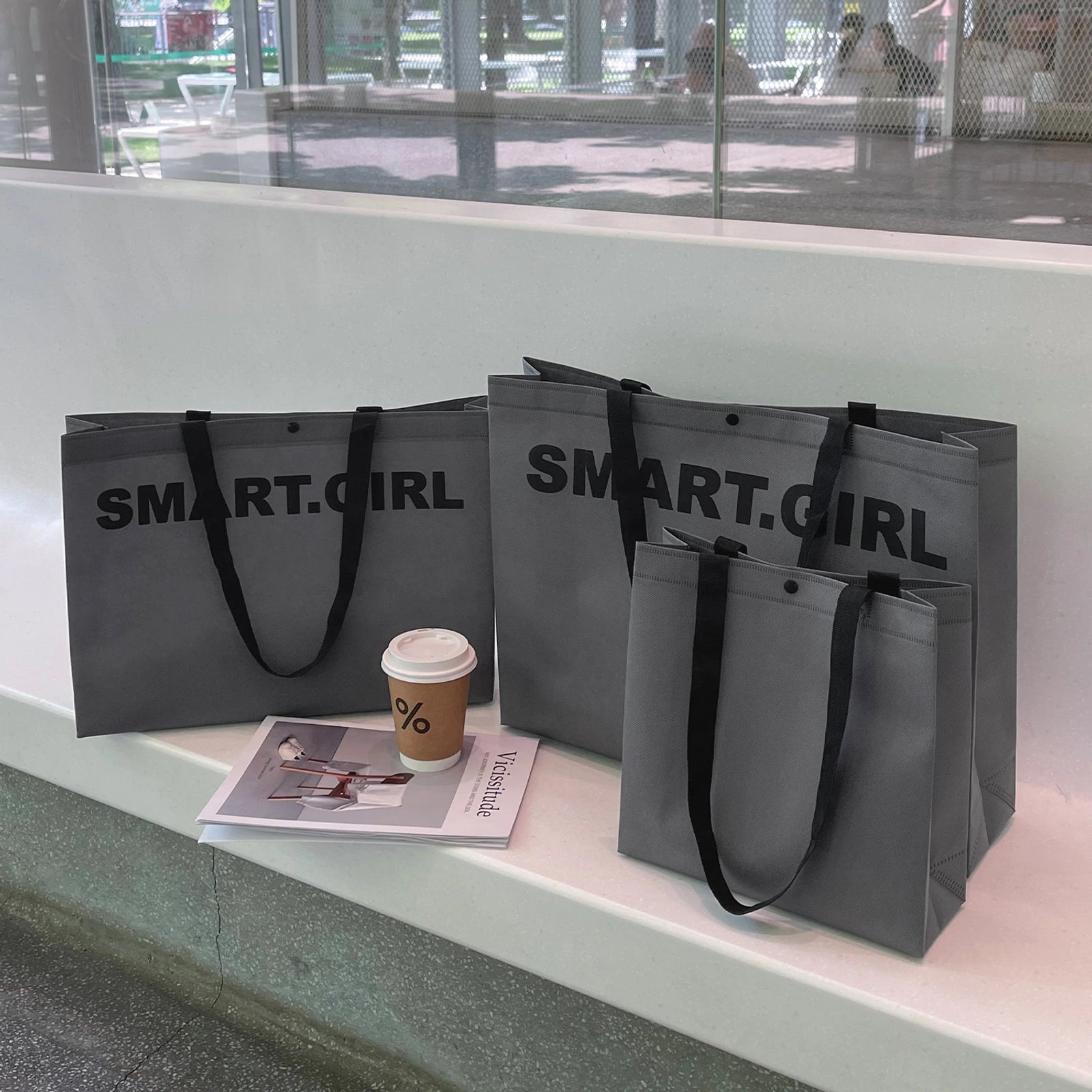 Boutique Non-Woven Tote Bags — 5 Styles — Dark Gray SMARTWebbing Handles Tote