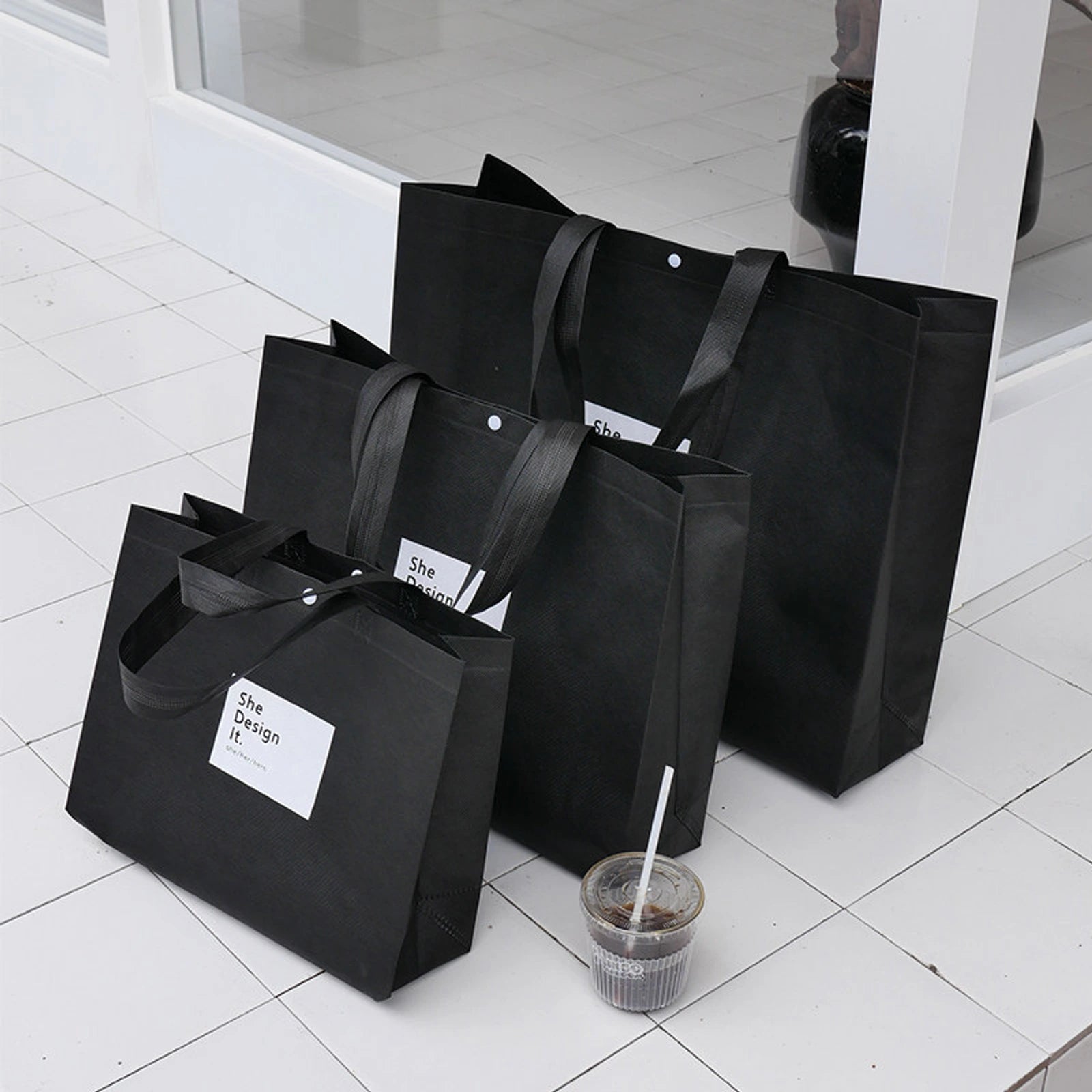 Boutique Non-Woven Tote Bags — 5 Styles — Gusseted — Black & White