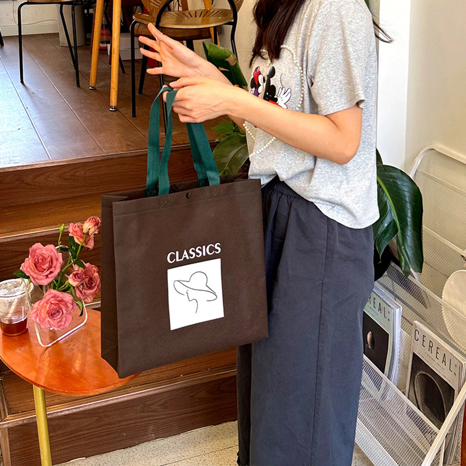 Boutique Non-Woven Tote Bags — 6 Cat & Plain Styles — Coffee Brown with Green Handles — CLASSCS Print